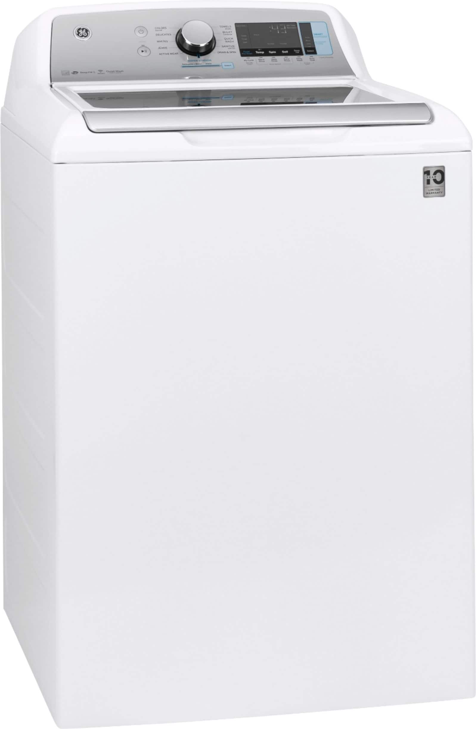 Angle. GE - 5.2 Cu. Ft. High-Efficiency Top Load Washer - White on White/Silver Backsplash.