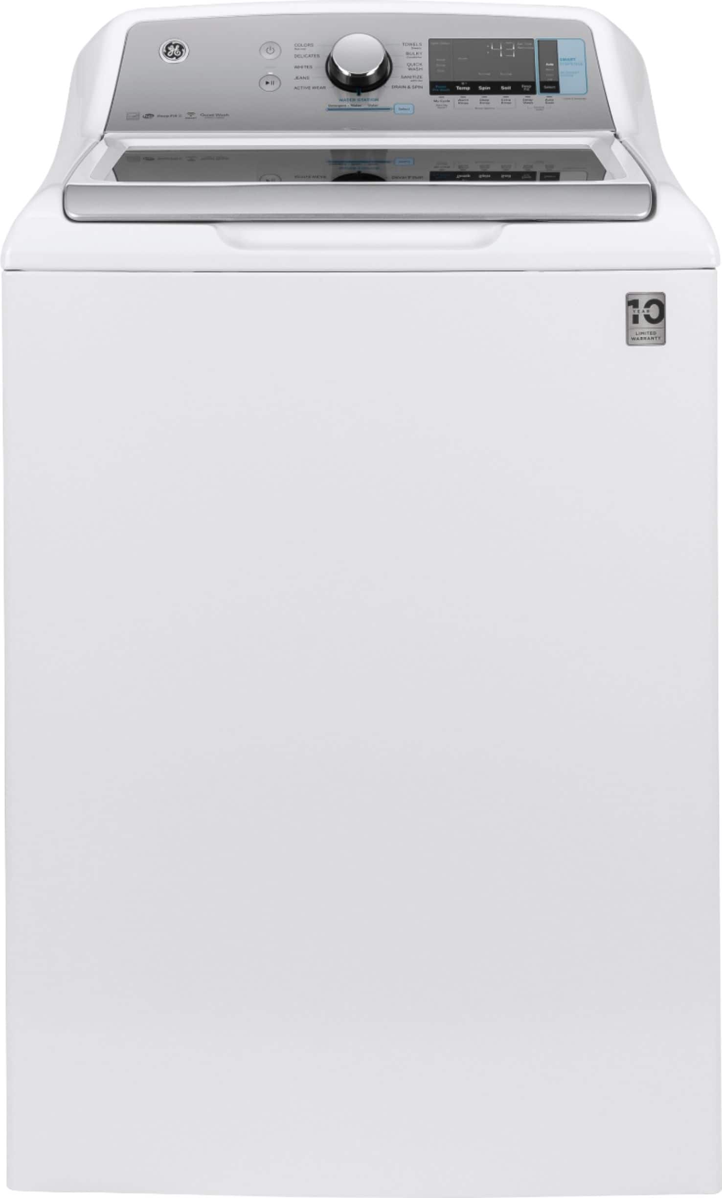 Front. GE - 5.2 Cu. Ft. High-Efficiency Top Load Washer - White on White/Silver Backsplash.