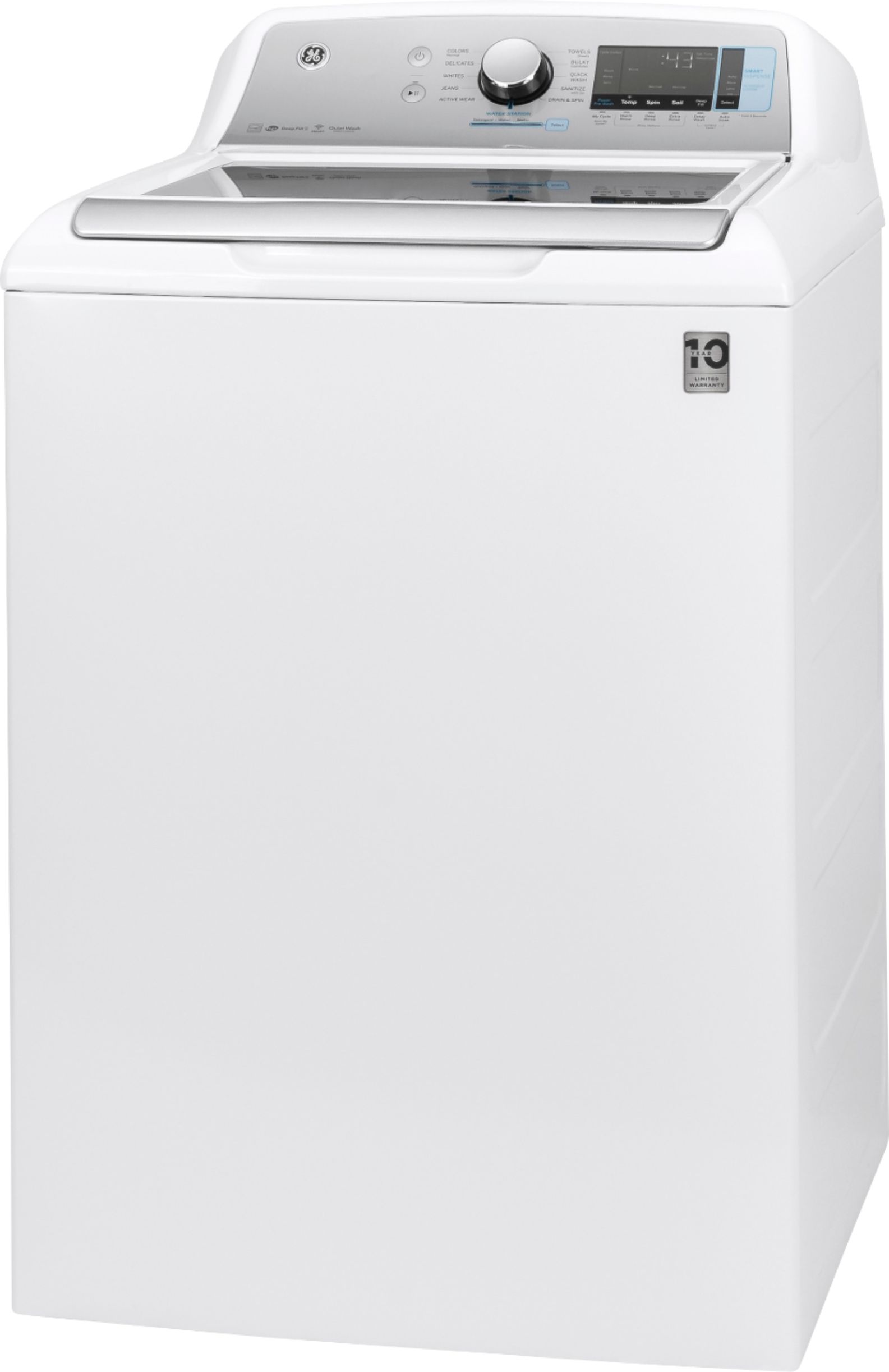 Left View: GE - 5.2 Cu. Ft. High-Efficiency Top Load Washer - White on White/Silver Backsplash