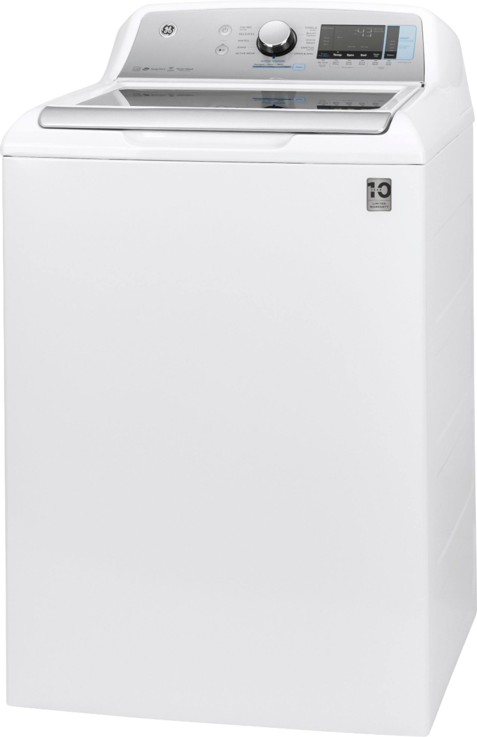 Left. GE - 5.2 Cu. Ft. High-Efficiency Top Load Washer - White on White/Silver Backsplash.
