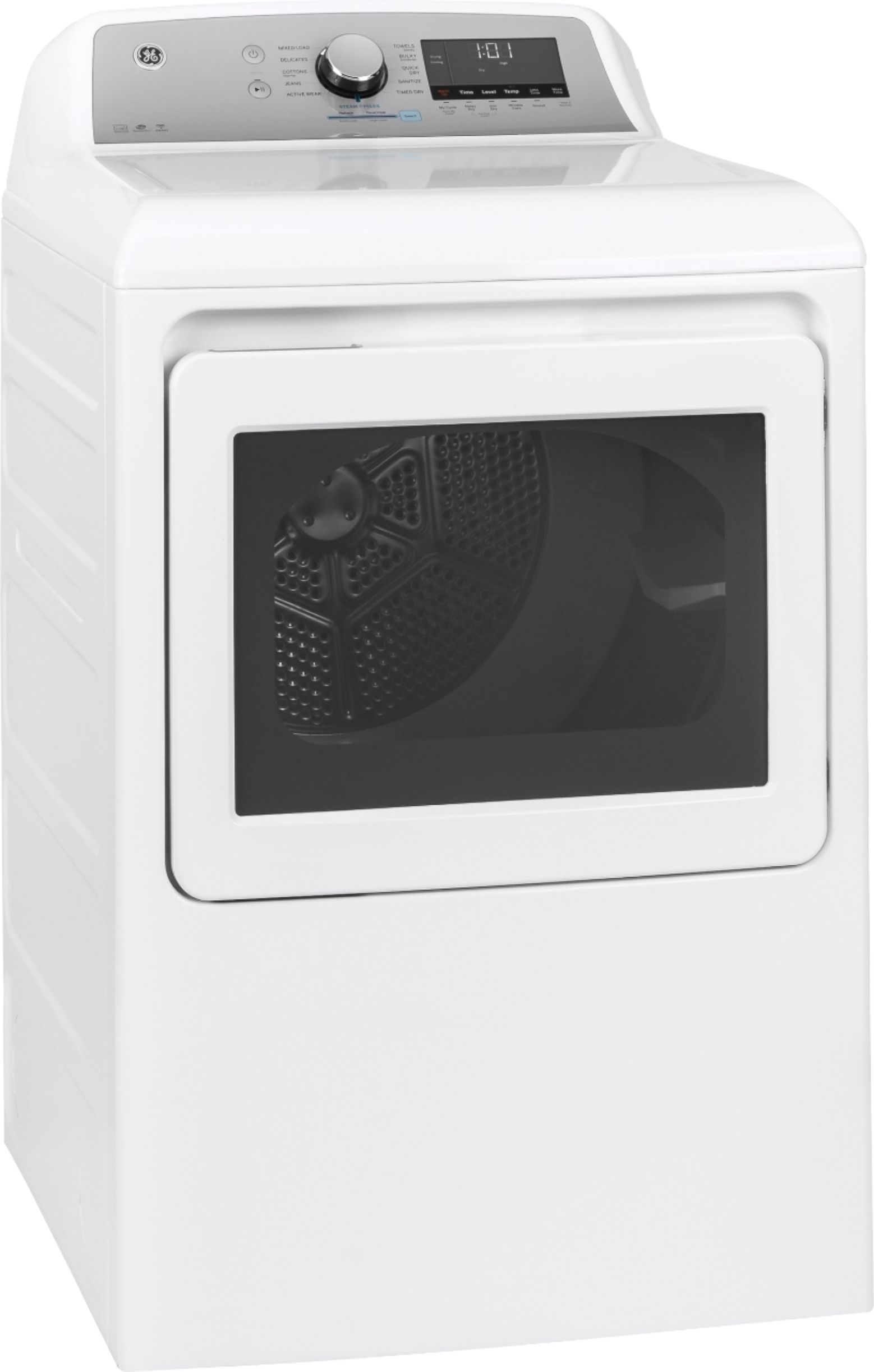 Angle View: GE - 7.4 Cu. Ft. 13-Cycle Electric Dryer with HE Sensor Dry - White on White/Silver Backsplash