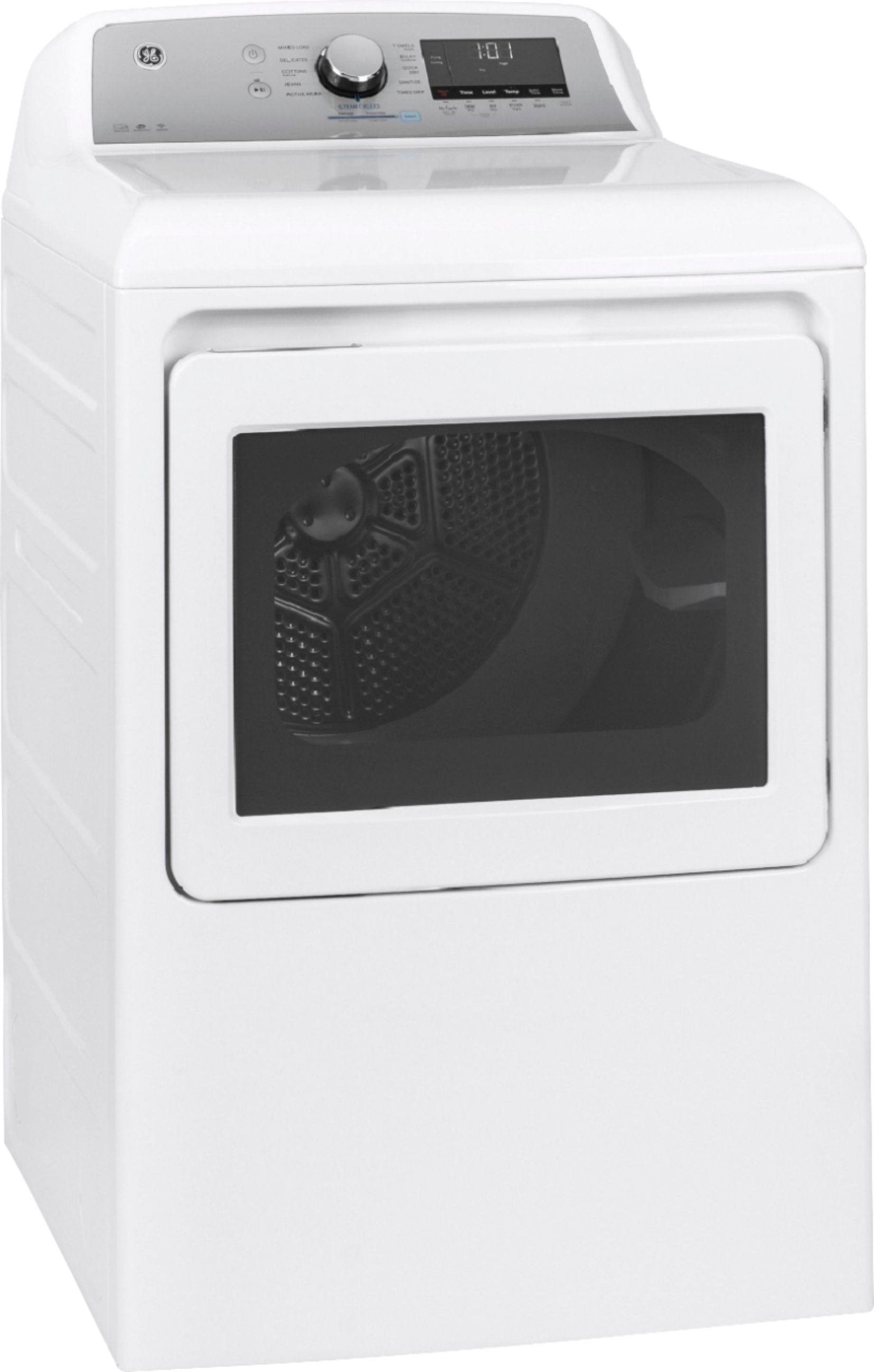 Angle View: GE - 7.4 Cu. Ft. 13-Cycle Gas Dryer with Steam - White On White With Silver Backsplash