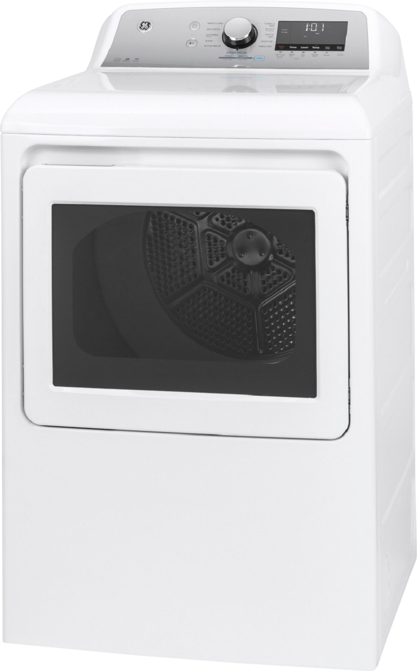 Left View: GE - 7.4 Cu. Ft. 13-Cycle Gas Dryer with Steam - White On White With Silver Backsplash