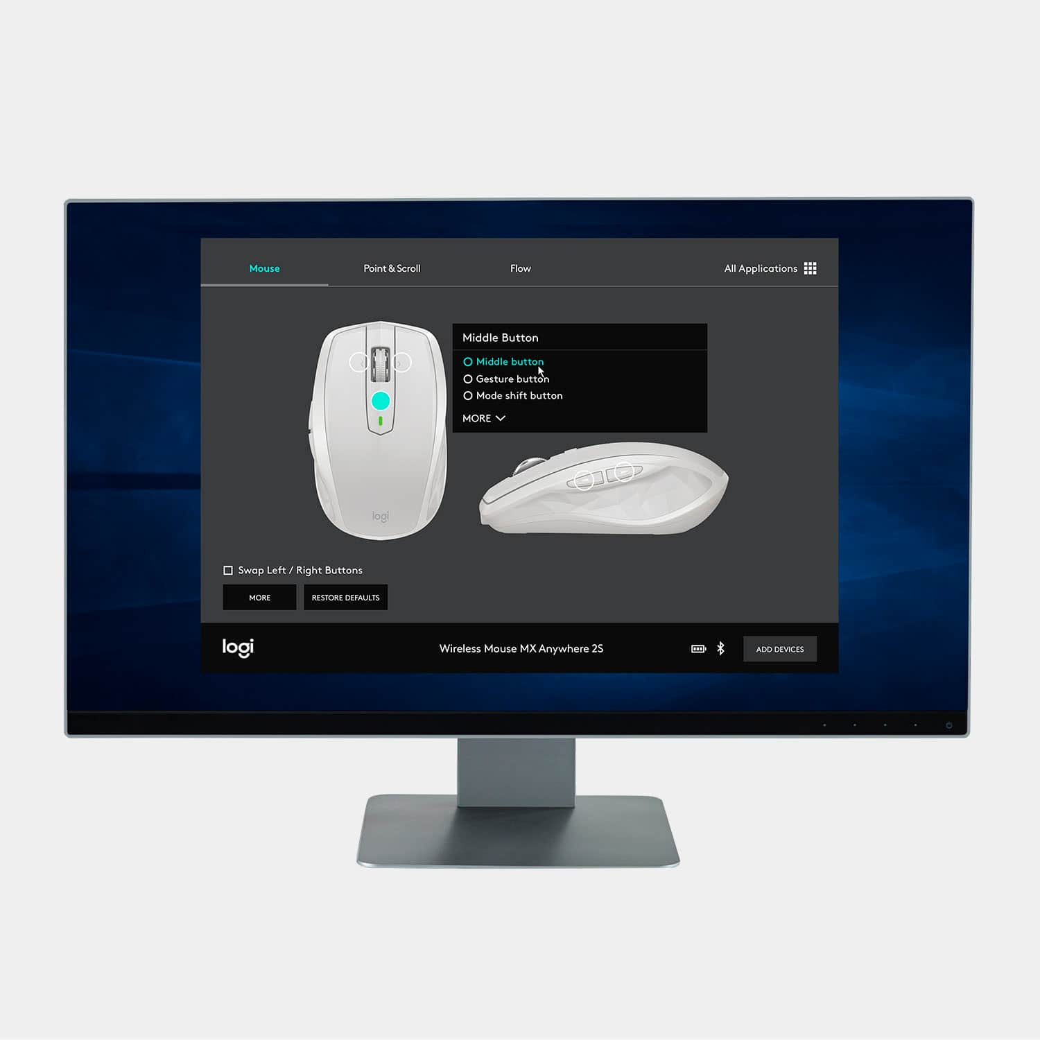 The image shows a computer monitor displaying a menu with options for customizing the mouse settings. The menu includes options for changing the middle button, gesture button, and mode shift button. Additionally, there is a button to swap the left and right buttons, and another button to restore the default settings. The monitor is placed on a desk, and a wireless mouse is also visible on the desk.