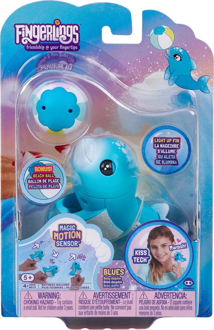 w/Beach Ball WowWee Fingerlings Baby Light-Up Dolphin Blues Pink 