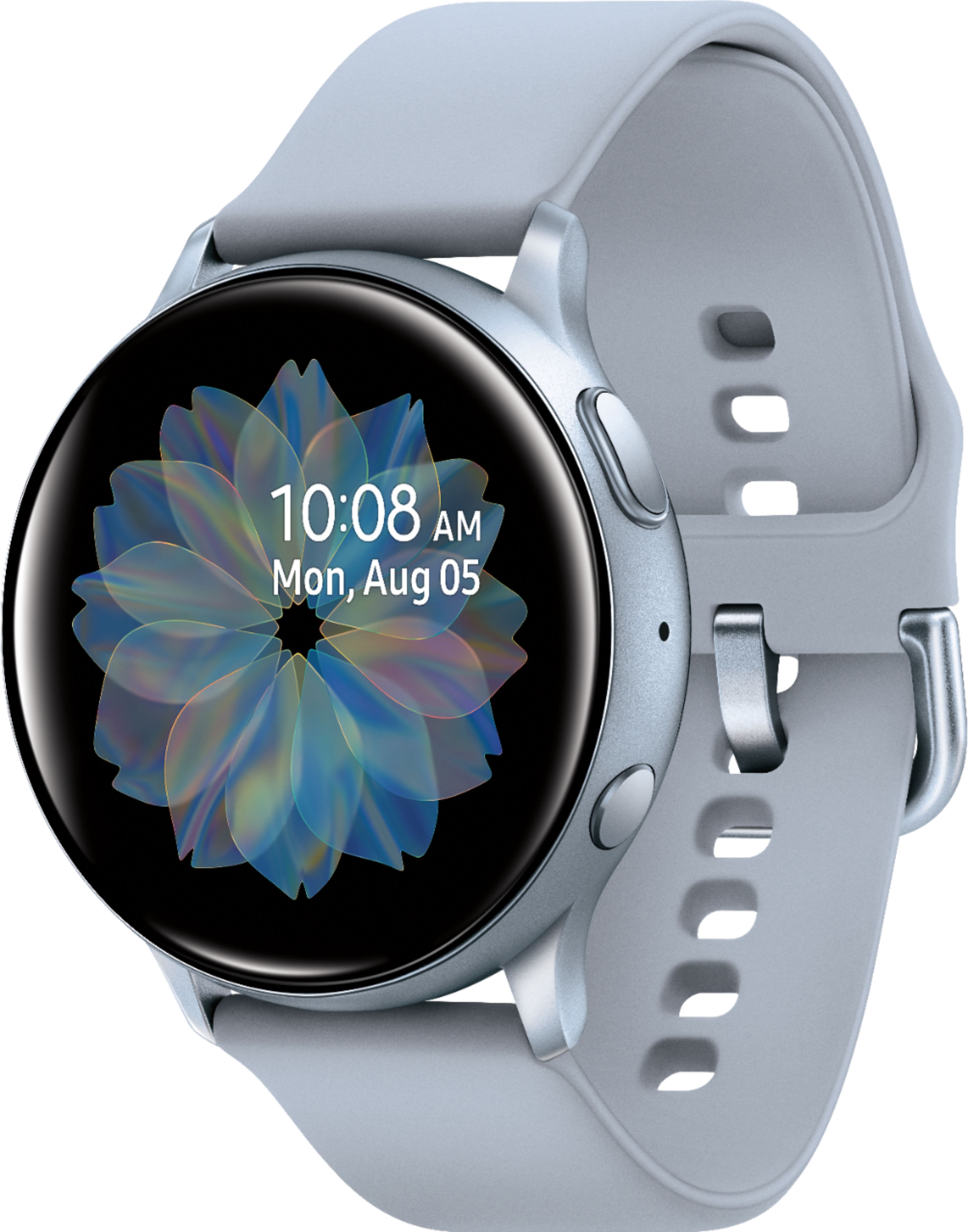 Left. Samsung - Galaxy Watch Active2 Smartwatch 40mm Aluminum - Cloud Silver.