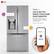 The image features a large LG refrigerator with a water dispenser on the door. The refrigerator is promoting the ThinQ Care app, which provides smart alerts to keep your appliances running smoothly. The app is available for download, and the usage report shows an average temperature. The refrigerator is placed on a white surface, and a person's hand is visible in the background, possibly interacting with the app or the refrigerator.