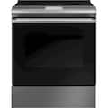 Café - 30" Wide 5 Element 5.3 Cu. Ft. Slide-In Electric Induction True Convection Range w/ Steam Cleaning and In-Oven Camera - Platinum Glass