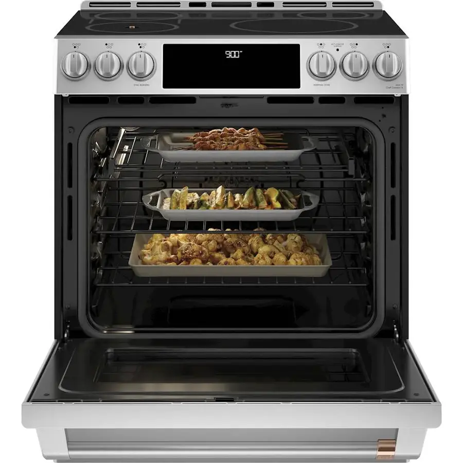 Alt View 2. Café - 5.7 Cu. Ft. Slide-In Electric Induction True Convection Range with Steam Cleaning and In-Oven Camera, Customizable - Stainless Steel.