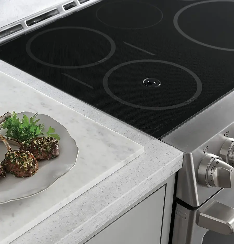 Alt View 28. Café - 5.7 Cu. Ft. Slide-In Electric Induction True Convection Range with Steam Cleaning and In-Oven Camera, Customizable - Stainless Steel.