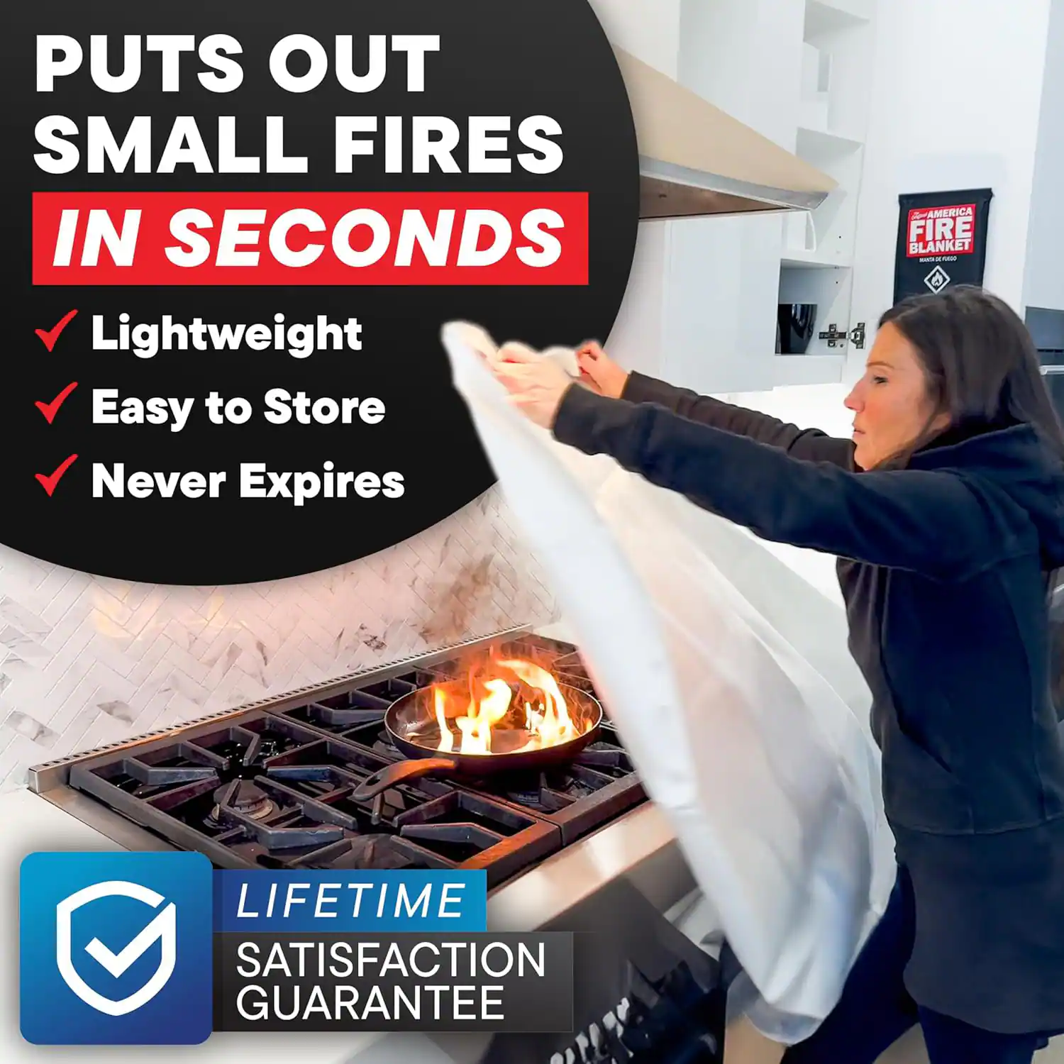 PUTS OUT SMALL FIRES IN SECONDS

- Lightweight
- Easy to Store
- Never Expires

LIFETIME SATISFACTION GUARANTEE