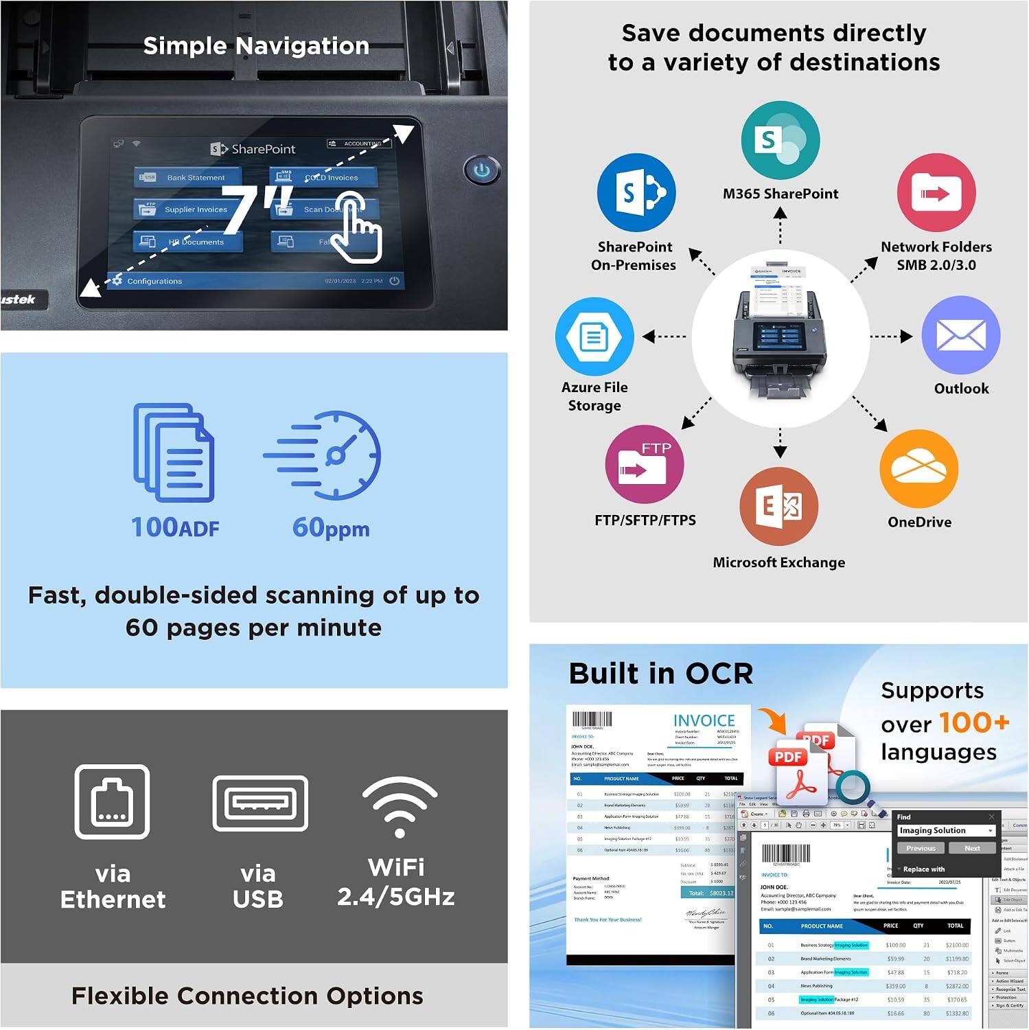 Simple Navigation

Save documents directly to a variety of destinations

SharePoint
- SharePoint On-Premises
- M365 SharePoint
- Network Folders SMB 2.0/3.0
- Azure File Storage
- Outlook
- FTP/SFTP/FTPS
- OneDrive
- Microsoft Exchange

100ADF
60ppm

Fast, double-sided scanning of up to 60 pages per minute

Flexible Connection Options
- via Ethernet
- via USB
- WiFi 2.4/5GHz

Built in OCR
Supports over 100+ languages