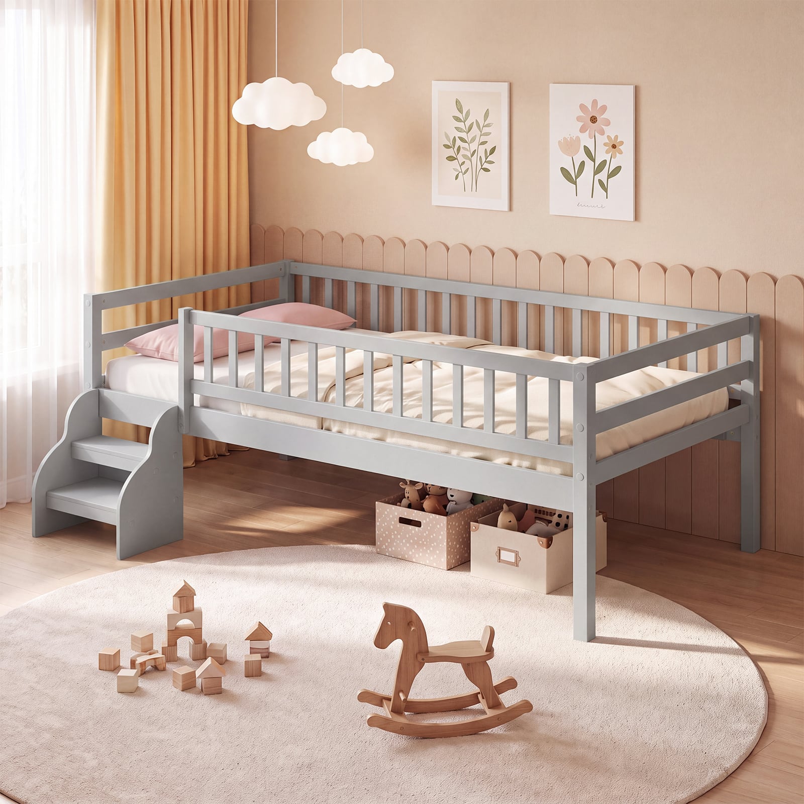 Costway - Twin Size Montessori Bed with Stairs Guardrails Wooden Slat Support Under Bed Space - Gray