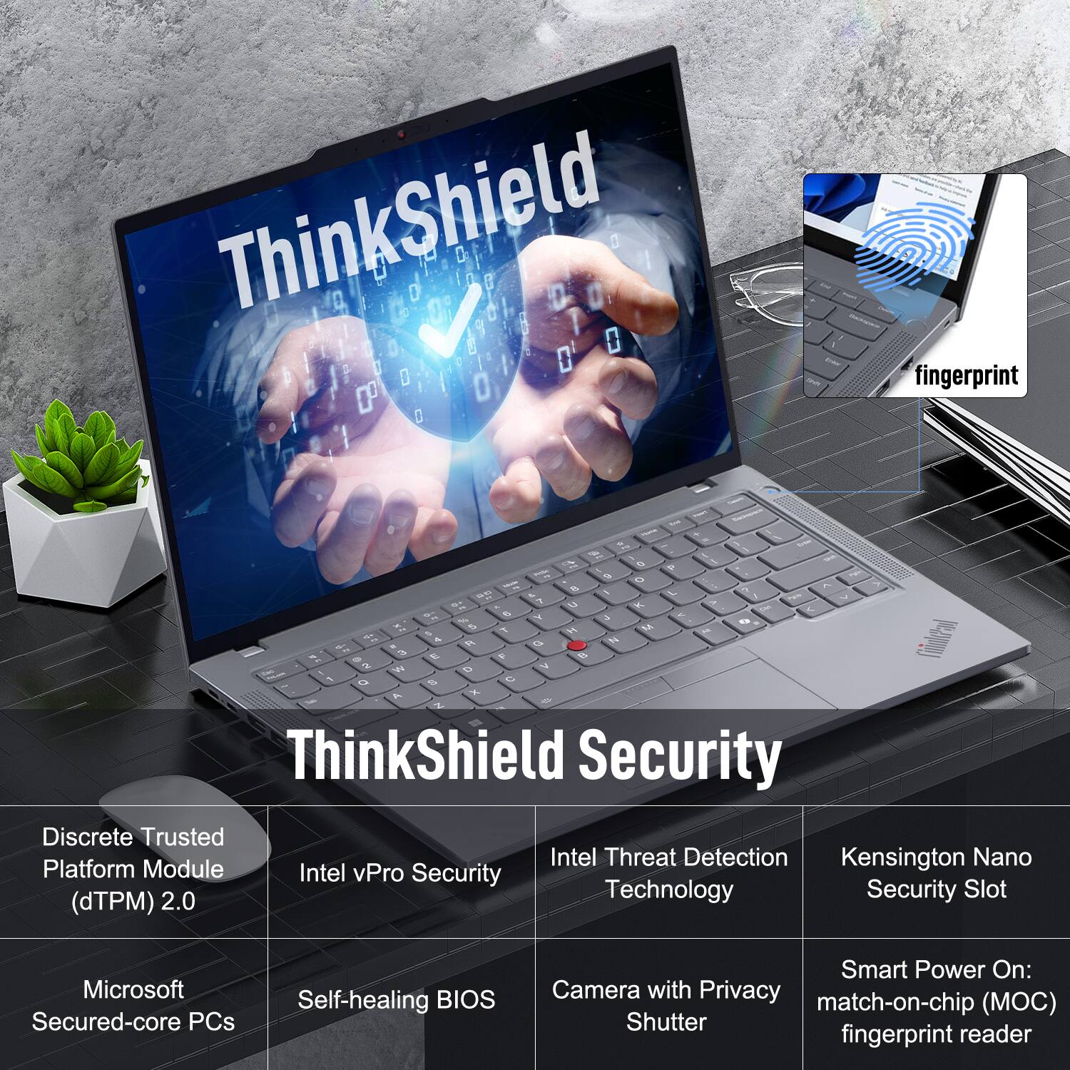 ThinkShield Security

- Discrete Trusted Platform Module (dTPM) 2.0
- Intel vPro Security
- Intel Threat Detection Technology
- Kensington Nano Security Slot
- Microsoft Secured-core PCs
- Self-healing BIOS
- Camera with Privacy Shutter
- Smart Power On: match-on-chip (MOC) fingerprint reader