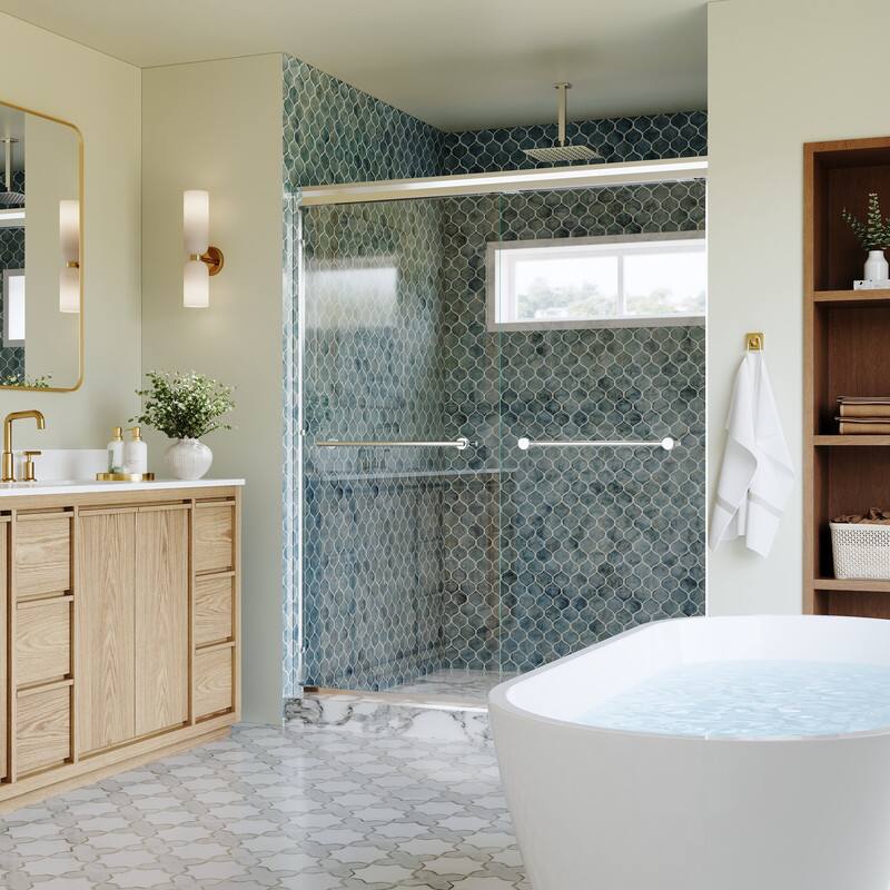 Angle. WELLFOR - 56-60 in. W x 72 in. H Framed Sliding Shower Door with 1/4 in. Clear Tempered Safety Glass,Reversible - Chrome.