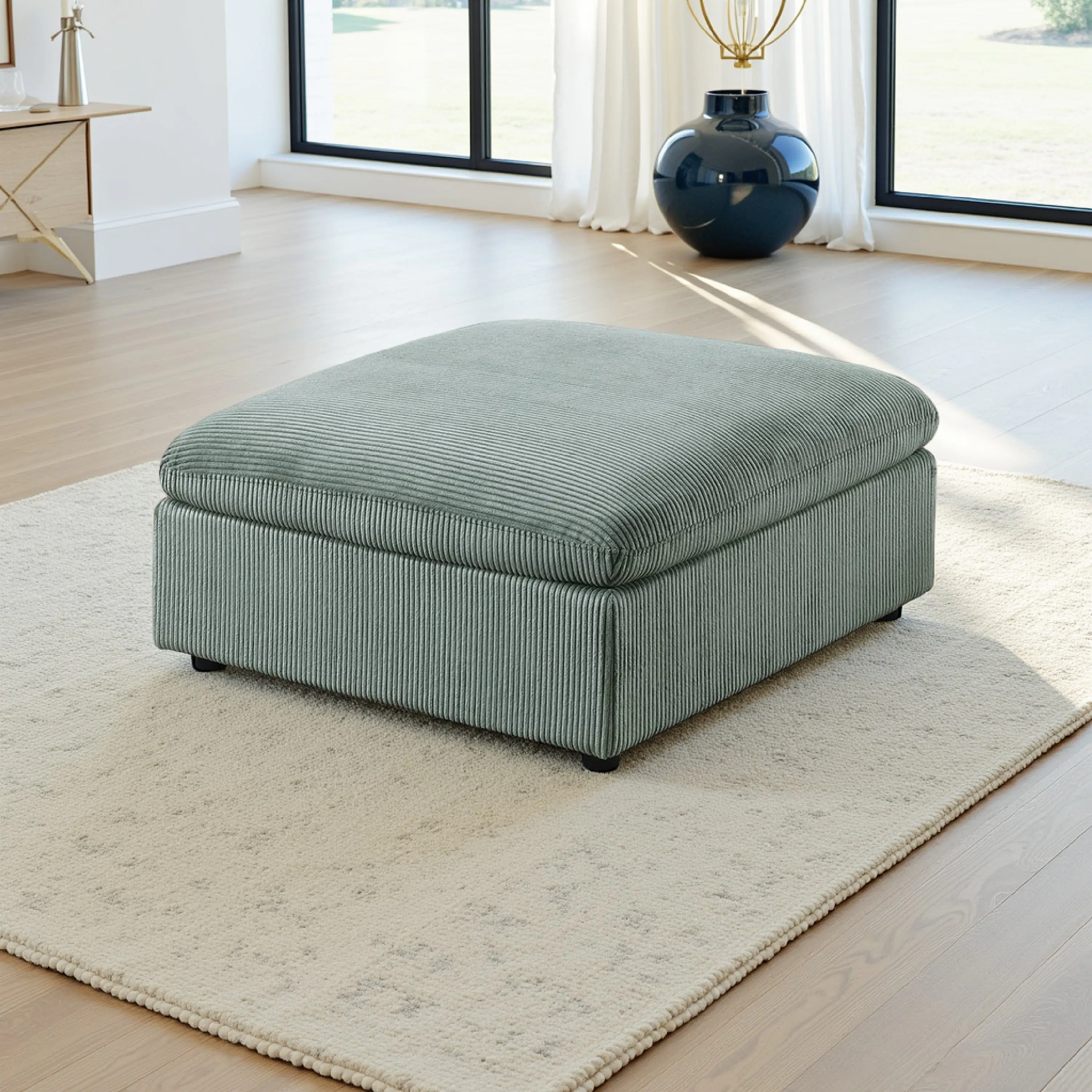 Alt View 5. Manhattan Lane - Joana Cocktail Ottoman, Sage Green Corduroy, Modular Square 39 Inch - Sage Green, Black.
