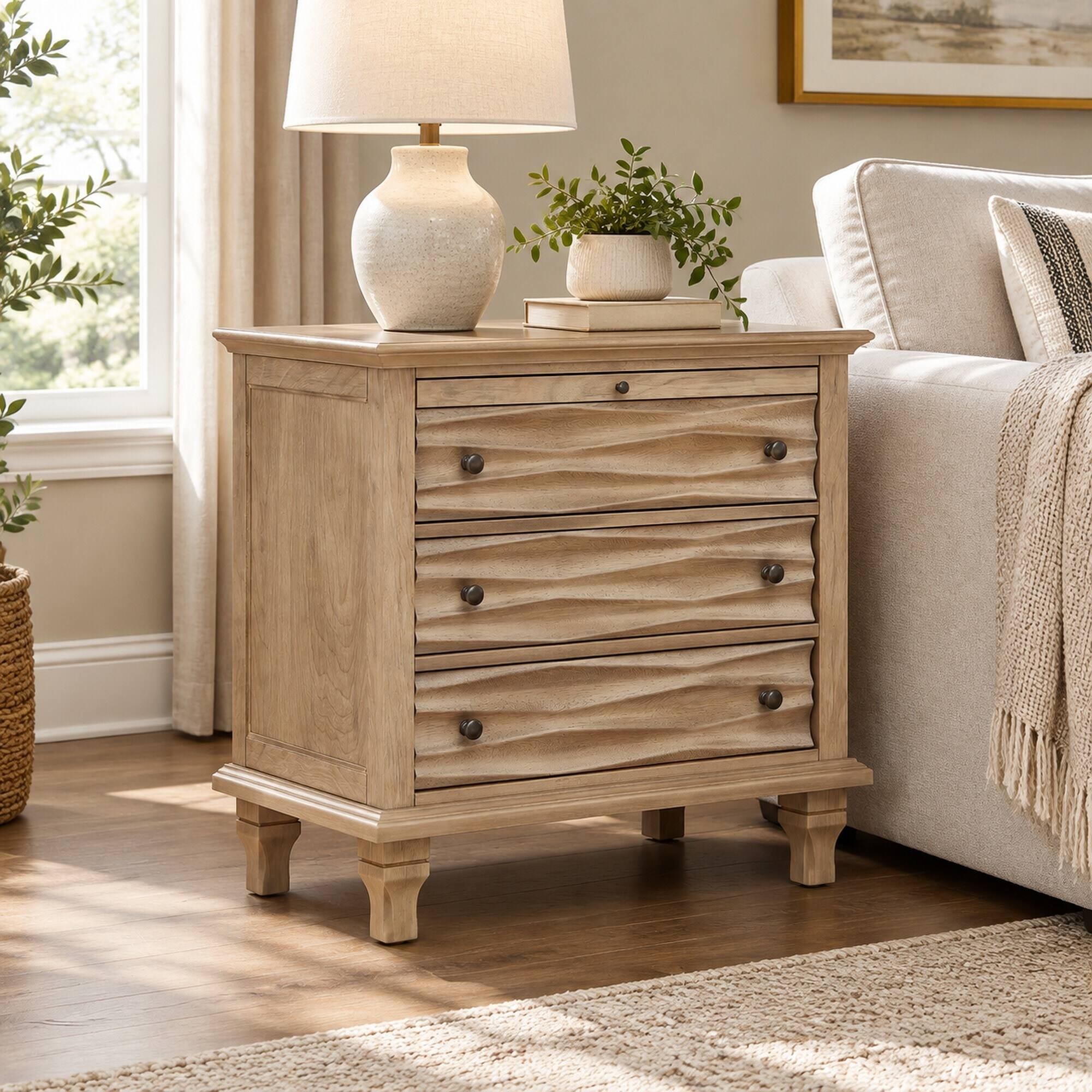 Left. RYHNUYNE - 3 Drawer Nightstand with Charging Station, 28.25 in Wide Bedside Table, Walnut Finish, USB and Type-C Ports - Natural.