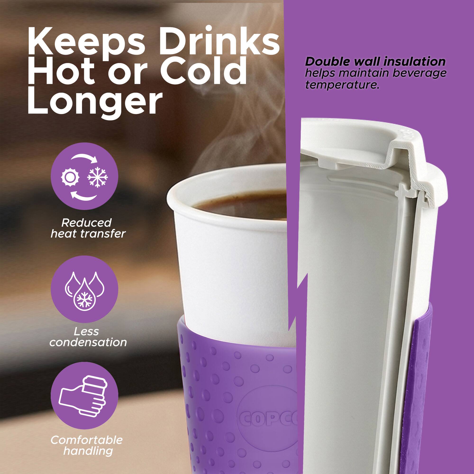 Keeps Drinks Hot or Cold Longer

Double wall insulation helps maintain beverage temperature.

- Reduced heat transfer
- Less condensation
- Comfortable handling