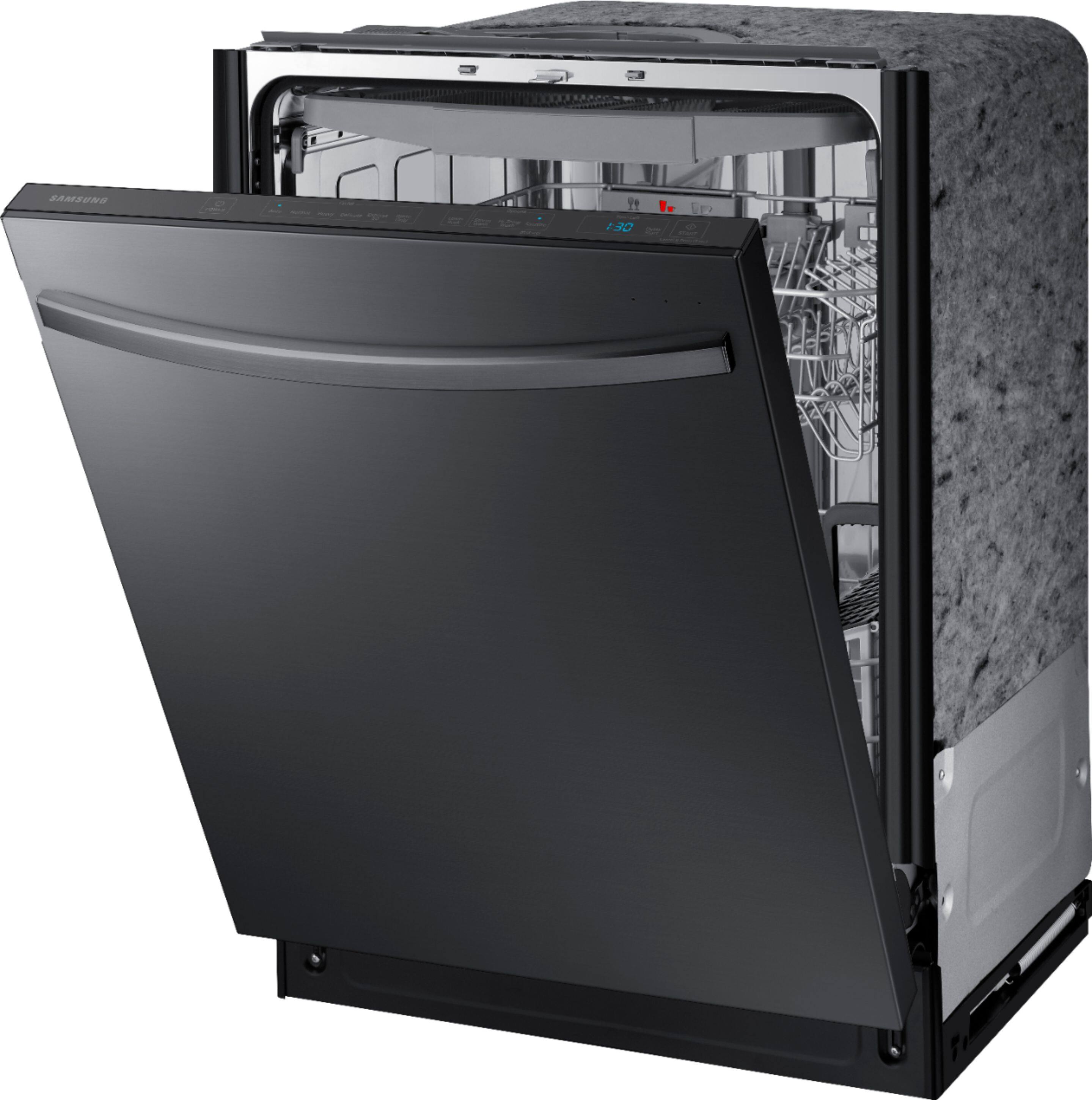 Left. Samsung - StormWash 24" Top Control Built-In Dishwasher with AutoRelease Dry, 3rd Rack, 42 dBA - Black stainless steel.