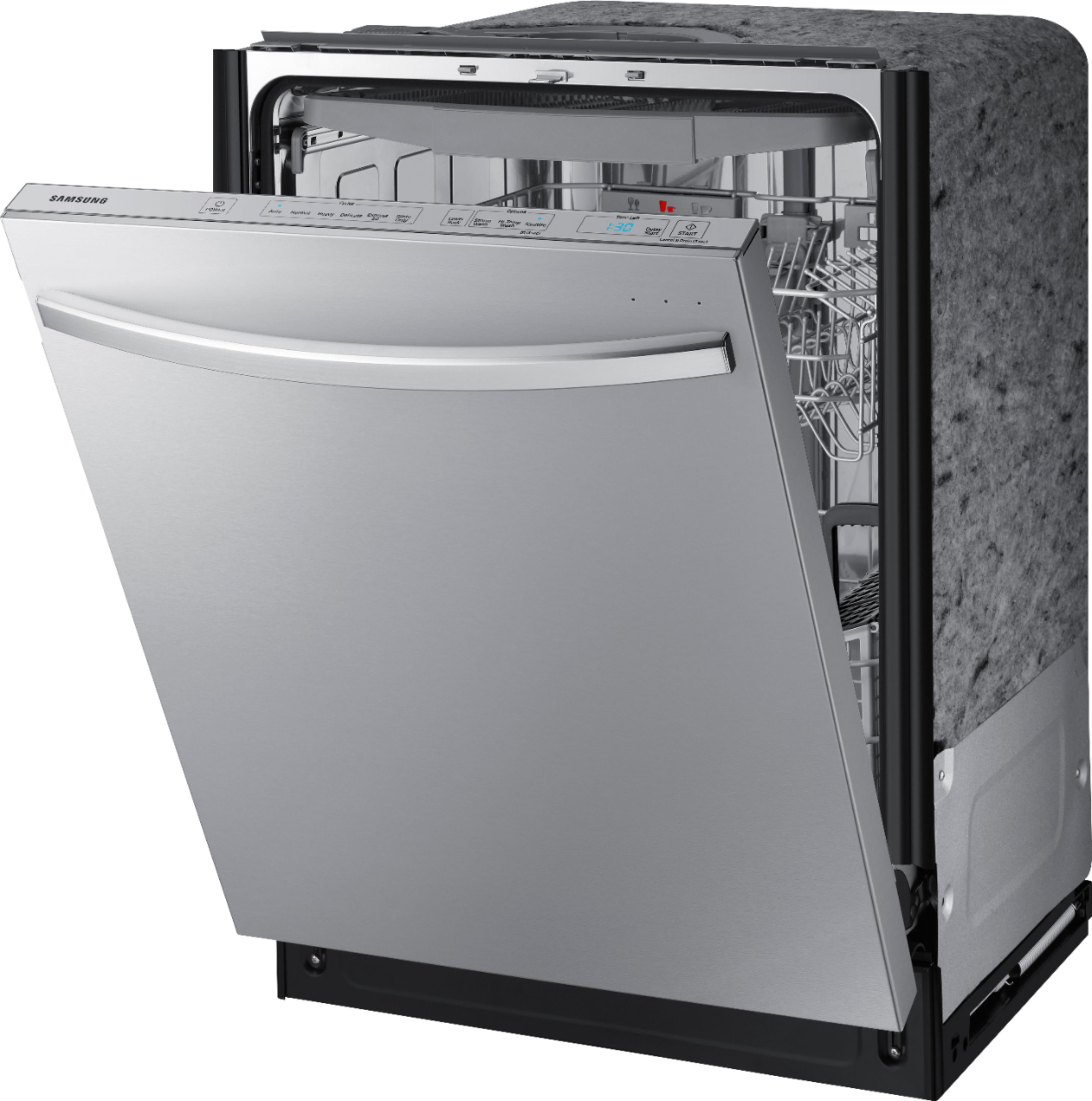 Left View: Samsung - StormWash 24" Top Control Built-In Dishwasher with AutoRelease Dry, 3rd Rack, 42 dBA - Stainless steel