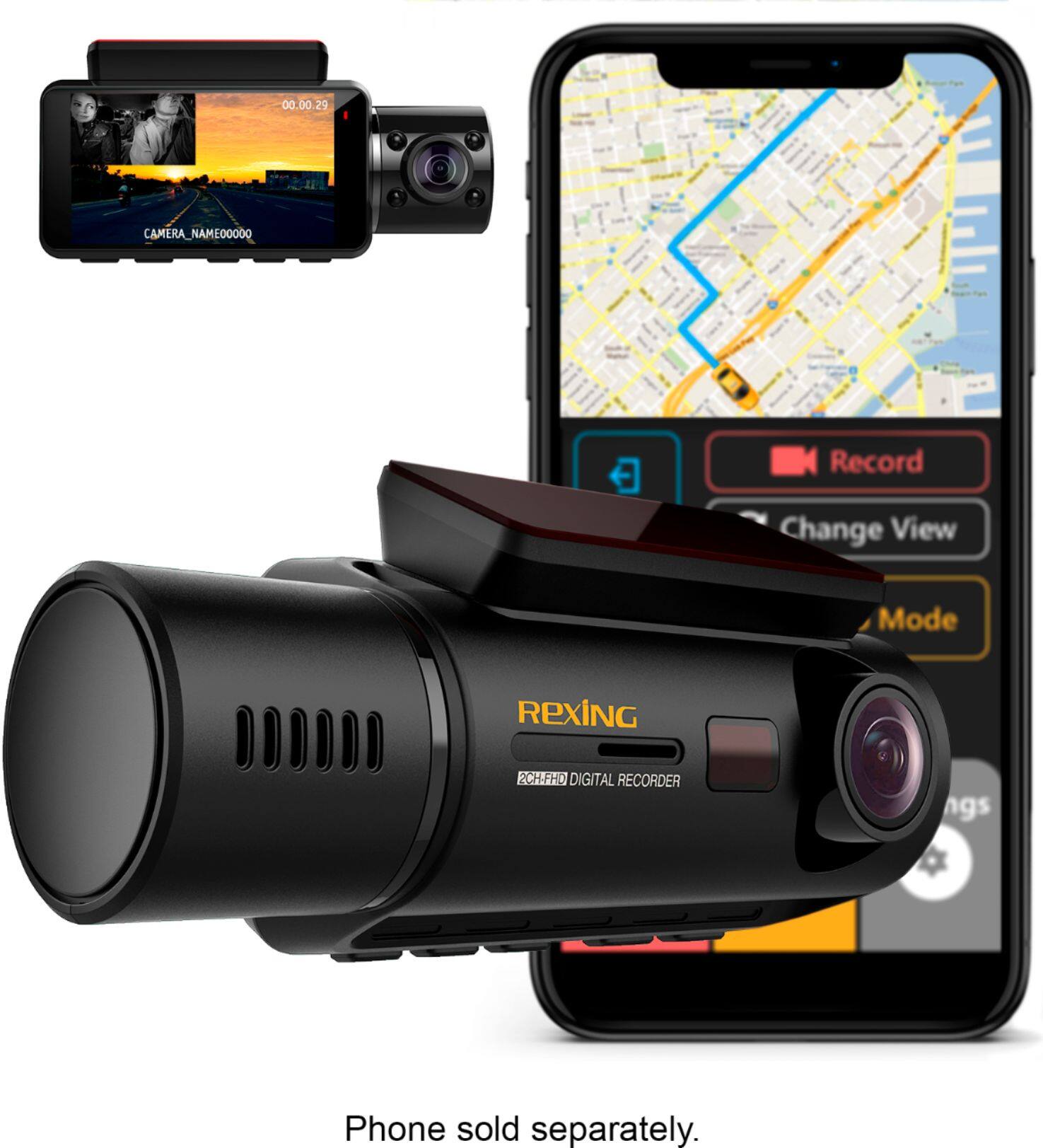 Alt View 13. Rexing - V3 Front and Cabin Dash Cam - Black.