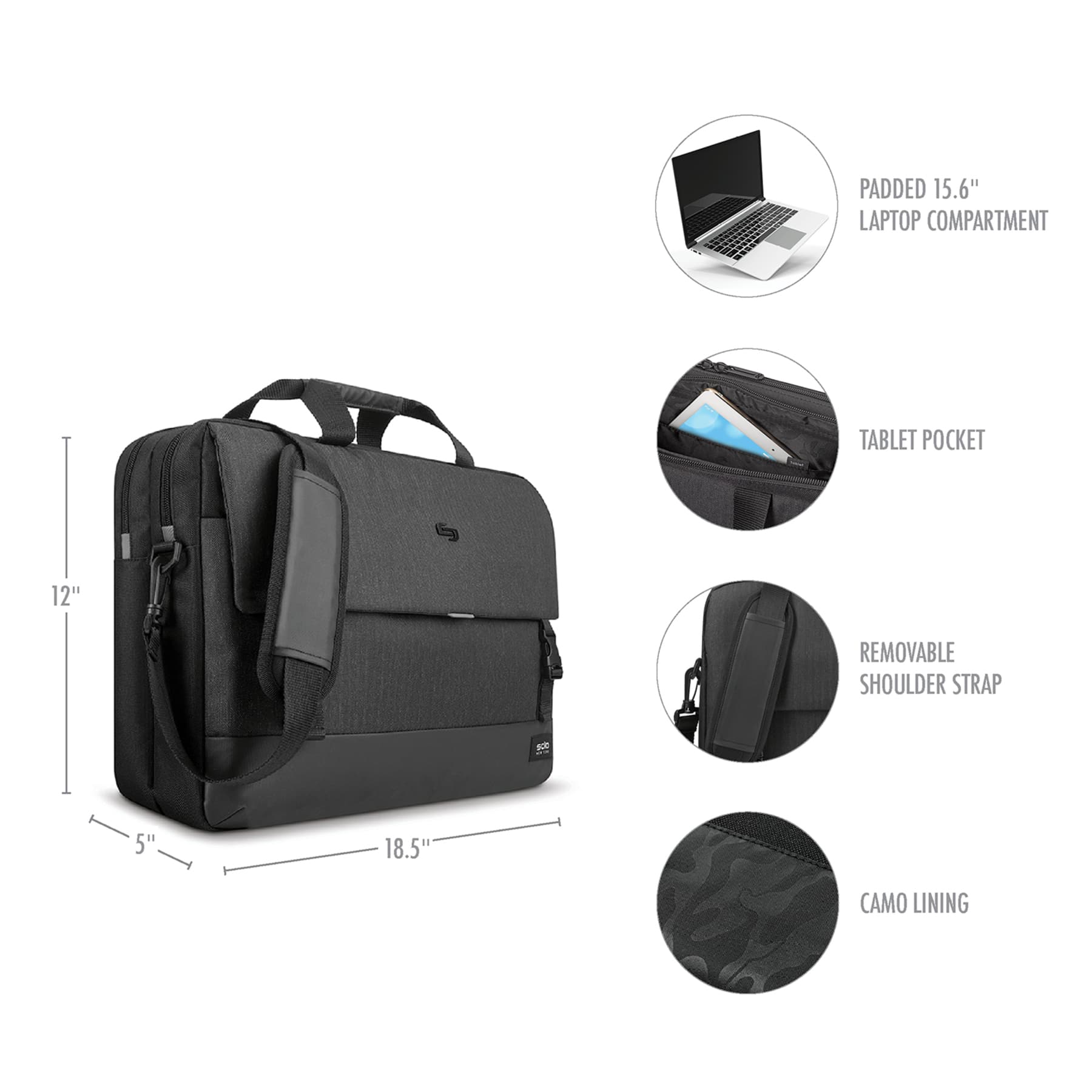 The image features a black laptop bag with a padded compartment for a 15.6" laptop, a tablet pocket, a removable shoulder strap, and a 5" strap. The bag also has a camo lining.