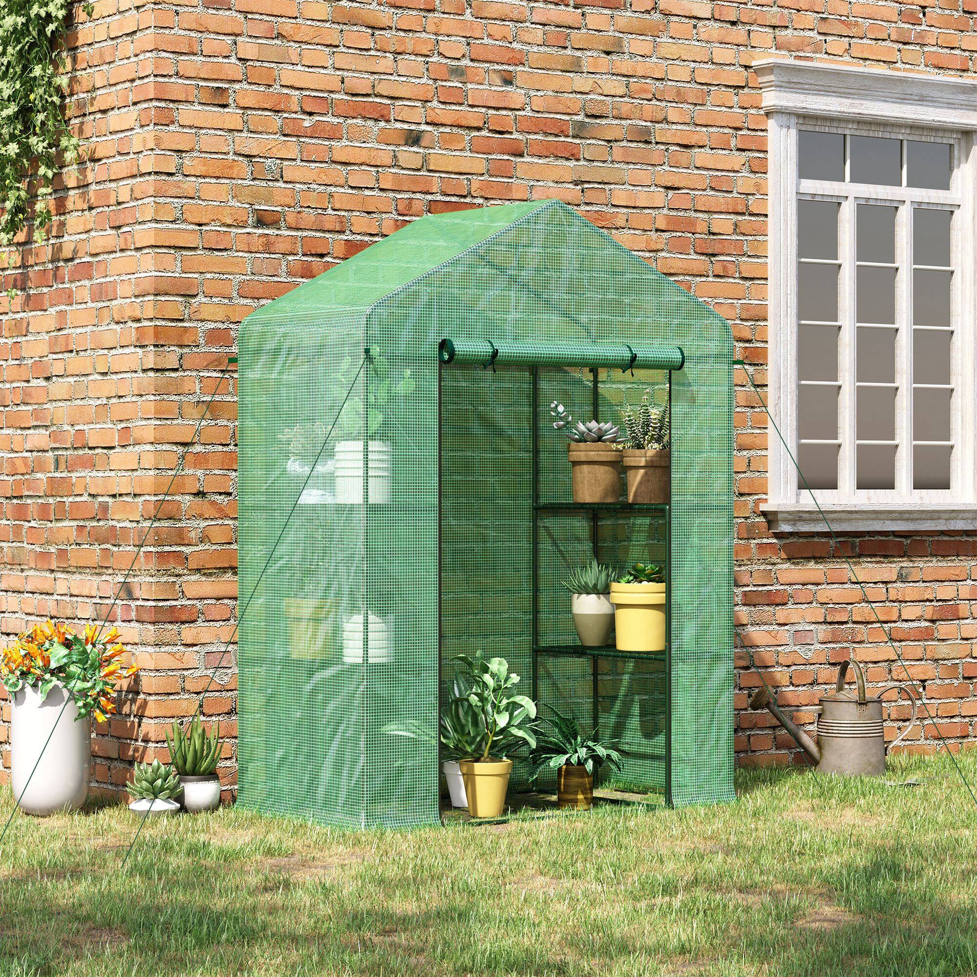 Alt View 1. Outsunny - 5' x 2.5' x 6.5' Mini Walk-in Greenhouse Kit, Portable Green House with 3 Tier Shelves, Roll-Up Door.