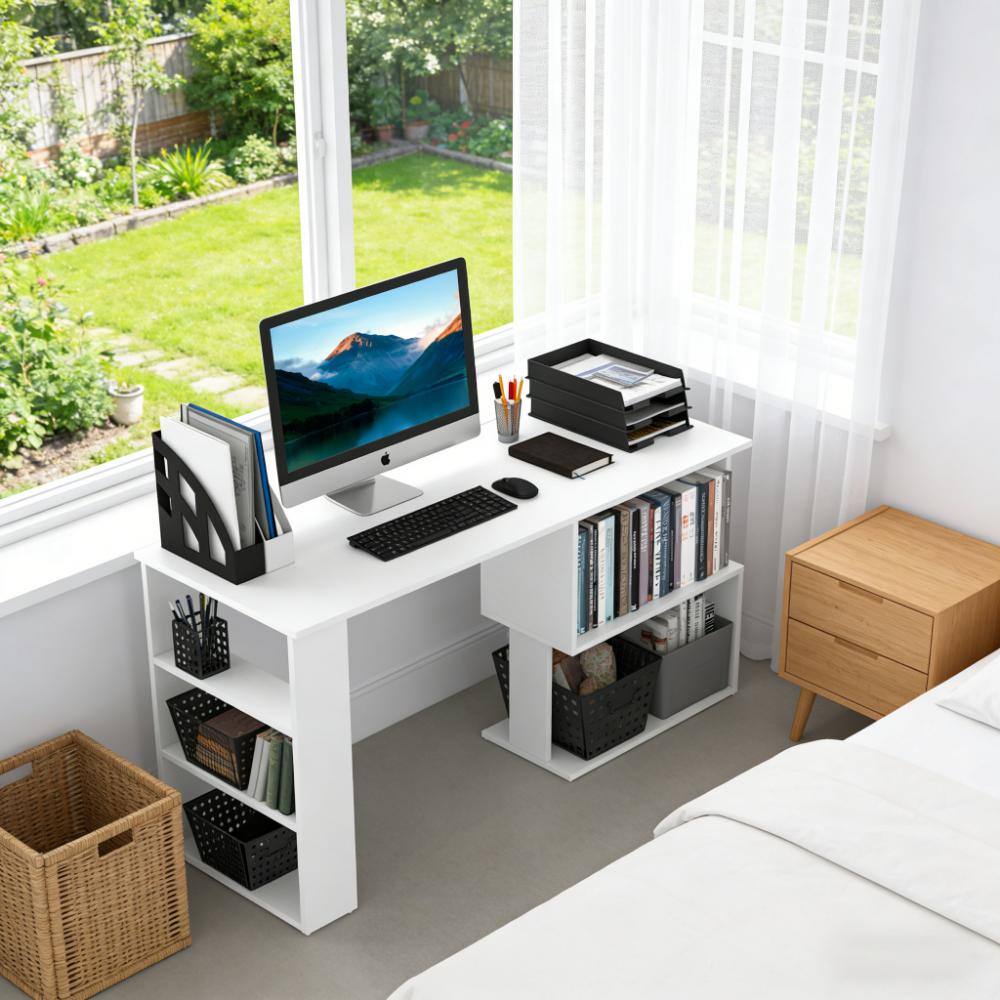 Left. Anysun - Modern Minimalist Rotating Design Wooden Laminated Corner Computer Desk with Shelf and Side Bookcase, Assembly Required - White.