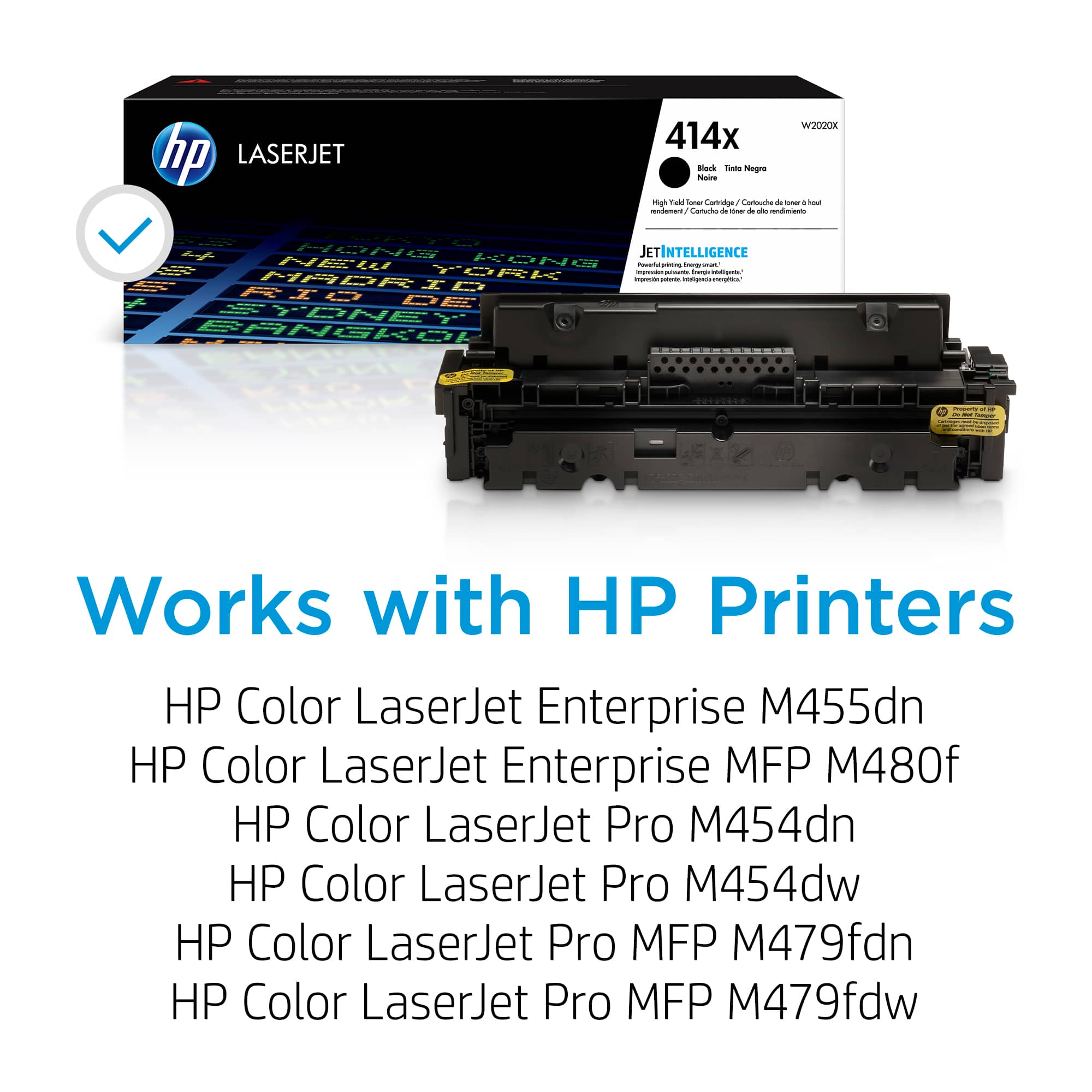 The image features a box of HP LaserJet printers, with a close-up view of the box and its contents. The box contains various HP printers, including the HP Color LaserJet Enterprise M455dn, HP Color LaserJet Enterprise MFP M480f, HP Color LaserJet Pro M454dn, HP Color LaserJet Pro M454dw, HP Color LaserJet Pro MFP M479fdn, and HP Color LaserJet Pro MFP M479fdw. The printers are designed to work with HP LaserJet technology, providing high-quality printing solutions for businesses and individuals.
