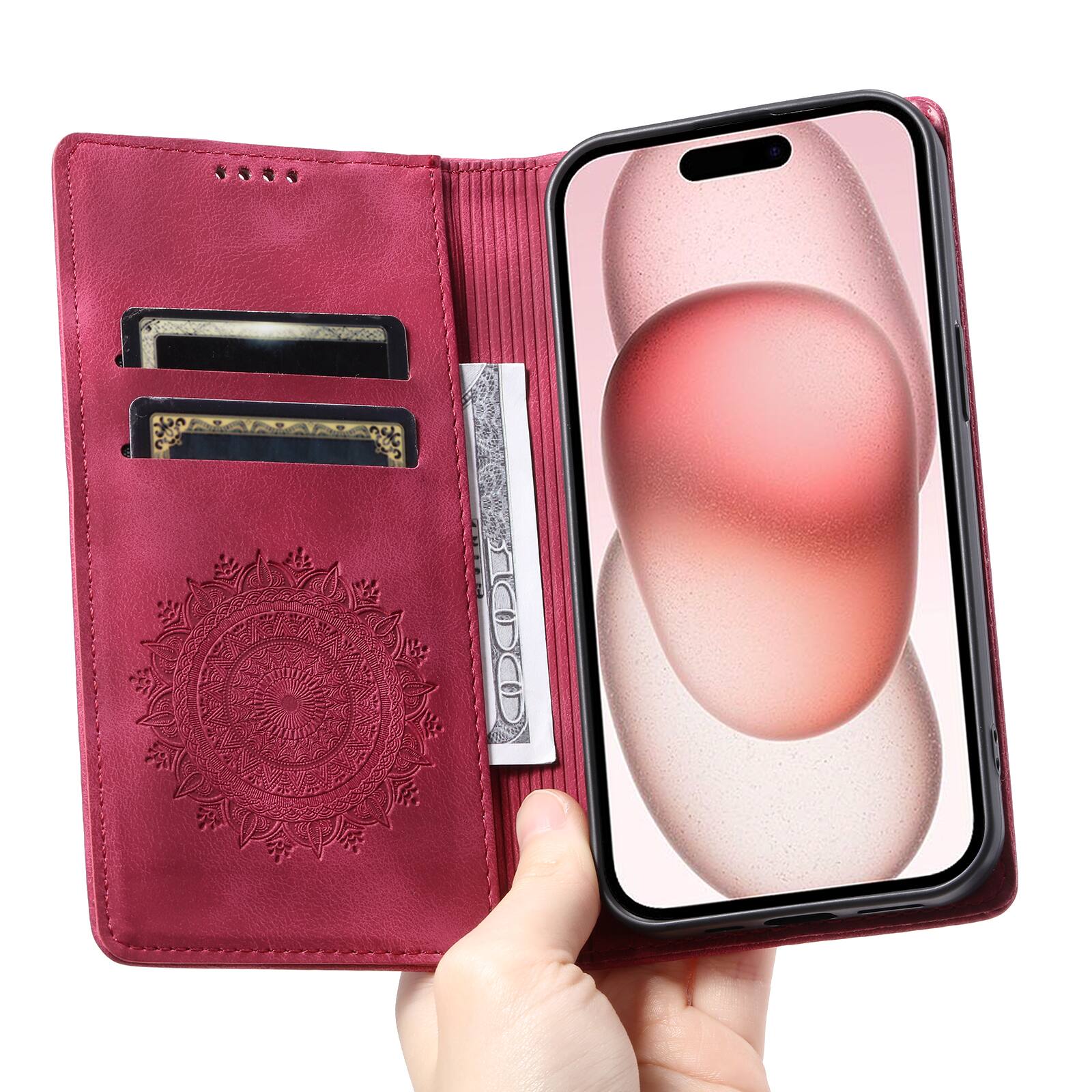Alt View 2. Dteck - Magnetic Wallet Case For Apple iPhone 18 Pro Max, Shockproof Embossed Card Cash Pocket Stand PU Leather Cover - Red.
