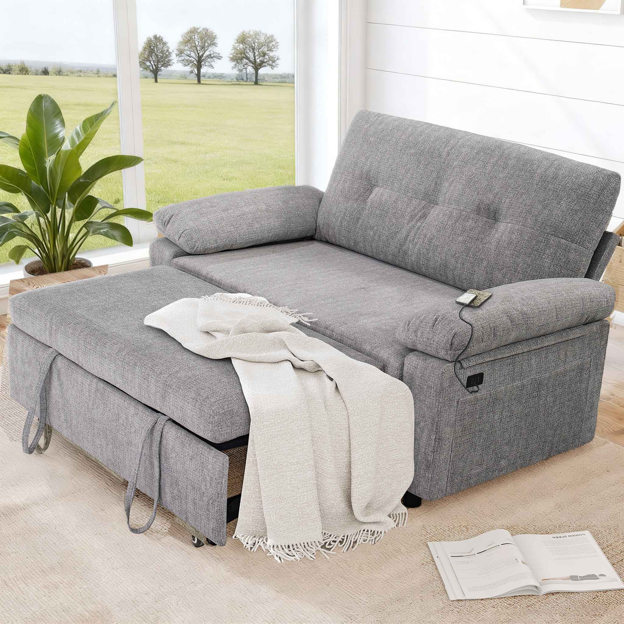 Vipbear - 3-in-1 Convertible Sofa Bed, Pull Out Sleeper Sofa with USB Charging Station & Adjustable Backrest,Light Gray - Light Gray