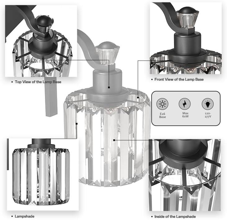 - Top View of the Lamp Base
- Front View of the Lamp Base
- Lampshade
- Inside of the Lampshade

E26 Base
Max 60W
120-277V