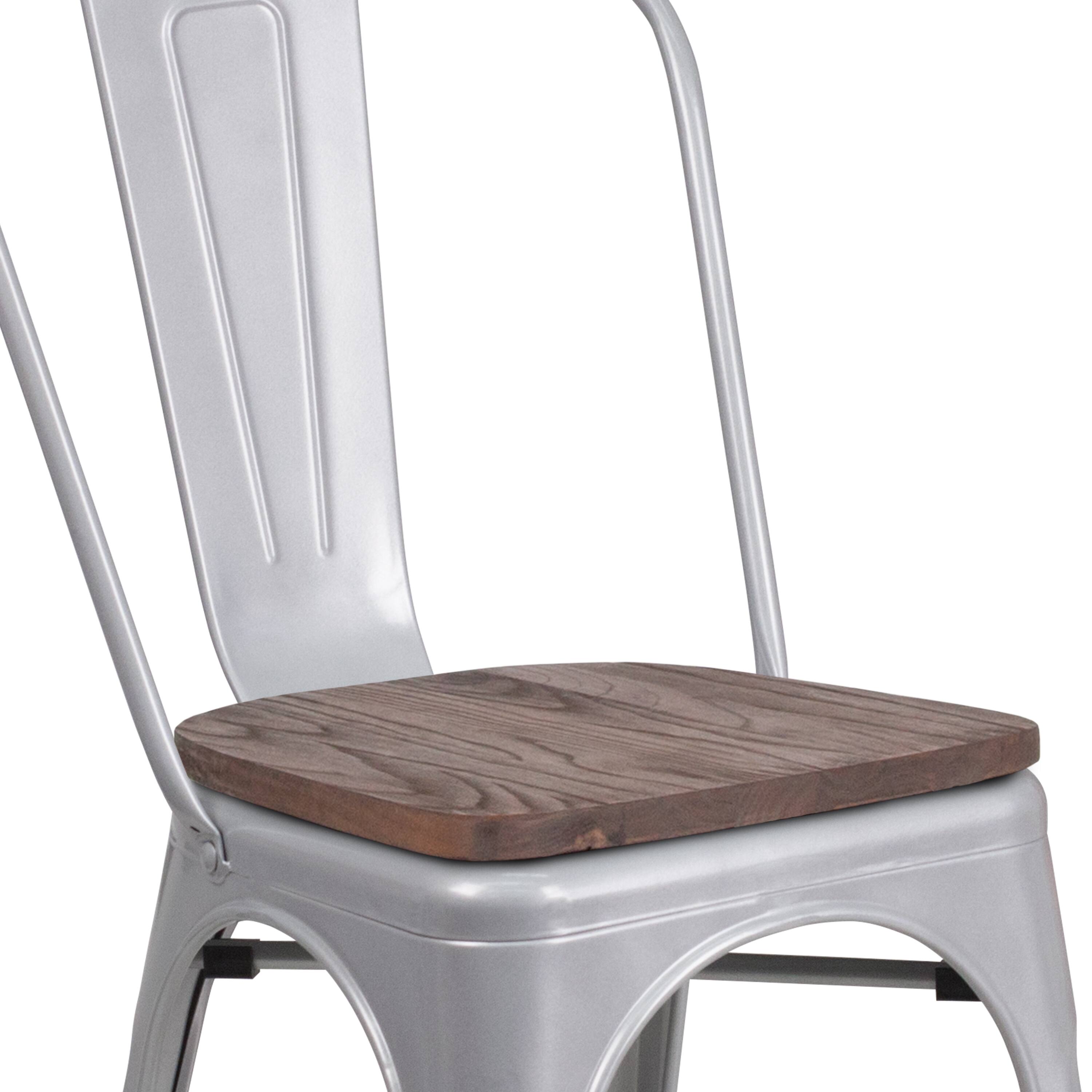 Alt View 8. Emma + Oliver - Colorful Metal Stackable Dining Chair with Wood Seat - Silver.
