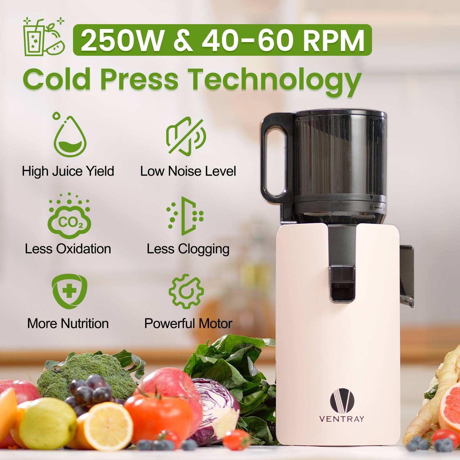 250W & 40-60 RPM Cold Press Technology

- High Juice Yield
- Low Noise Level
- Less Oxidation
- Less Clogging
- More Nutrition
- Powerful Motor

VENTRAY