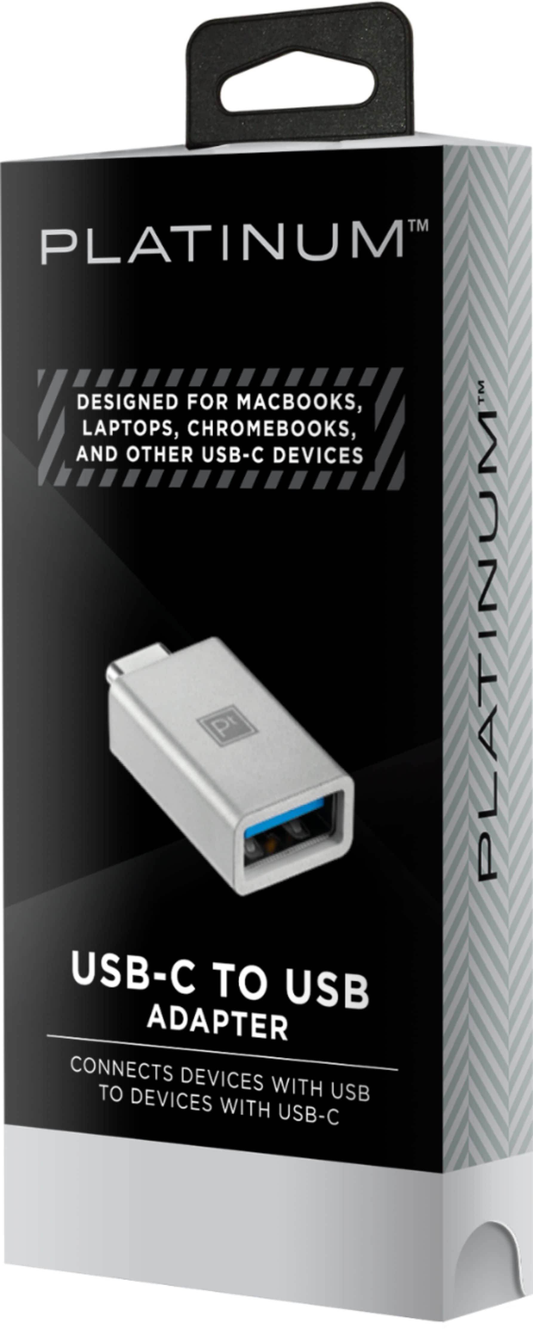 "Platinum USB-C to USB Adapter - Designed for MacBooks, laptops, Chromebooks, and other USB-C devices. Connects devices with USB-C to USB devices with USB-C."