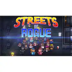 The image features a video game called "Streets of Rogue," which is displayed in large text. The game is set in a dark alley with a group of people, some of whom are holding weapons. The scene appears to be a pixelated image, giving it a retro or nostalgic feel. The people in the image are standing close to each other, possibly preparing for a fight or engaging in some other form of conflict. The overall atmosphere of the image suggests a sense of danger or tension, as the characters seem to be in a precarious situation.