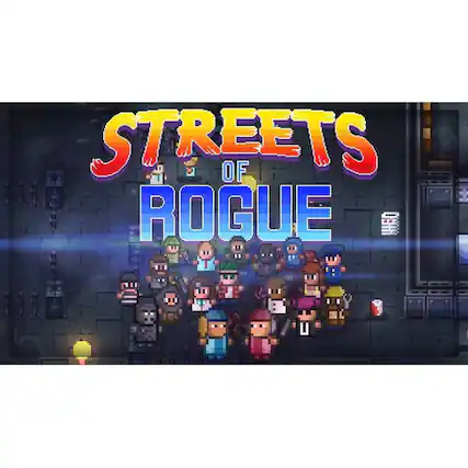 The image features a video game called "Streets of Rogue," which is displayed in large text. The game is set in a dark alley with a group of people, some of whom are holding weapons. The scene appears to be a pixelated image, giving it a retro or nostalgic feel. The people in the image are standing close to each other, possibly preparing for a fight or engaging in some other form of conflict. The overall atmosphere of the image suggests a sense of danger or tension, as the characters seem to be in a precarious situation. - T (Teen 13+)