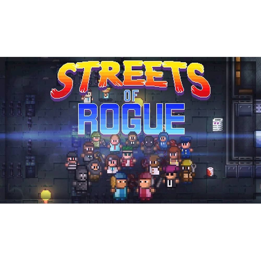 The image features a video game called "Streets of Rogue," which is displayed in large text. The game is set in a dark alley with a group of people, some of whom are holding weapons. The scene appears to be a pixelated image, giving it a retro or nostalgic feel. The people in the image are standing close to each other, possibly preparing for a fight or engaging in some other form of conflict. The overall atmosphere of the image suggests a sense of danger or tension, as the characters seem to be in a precarious situation. - T (Teen 13+)