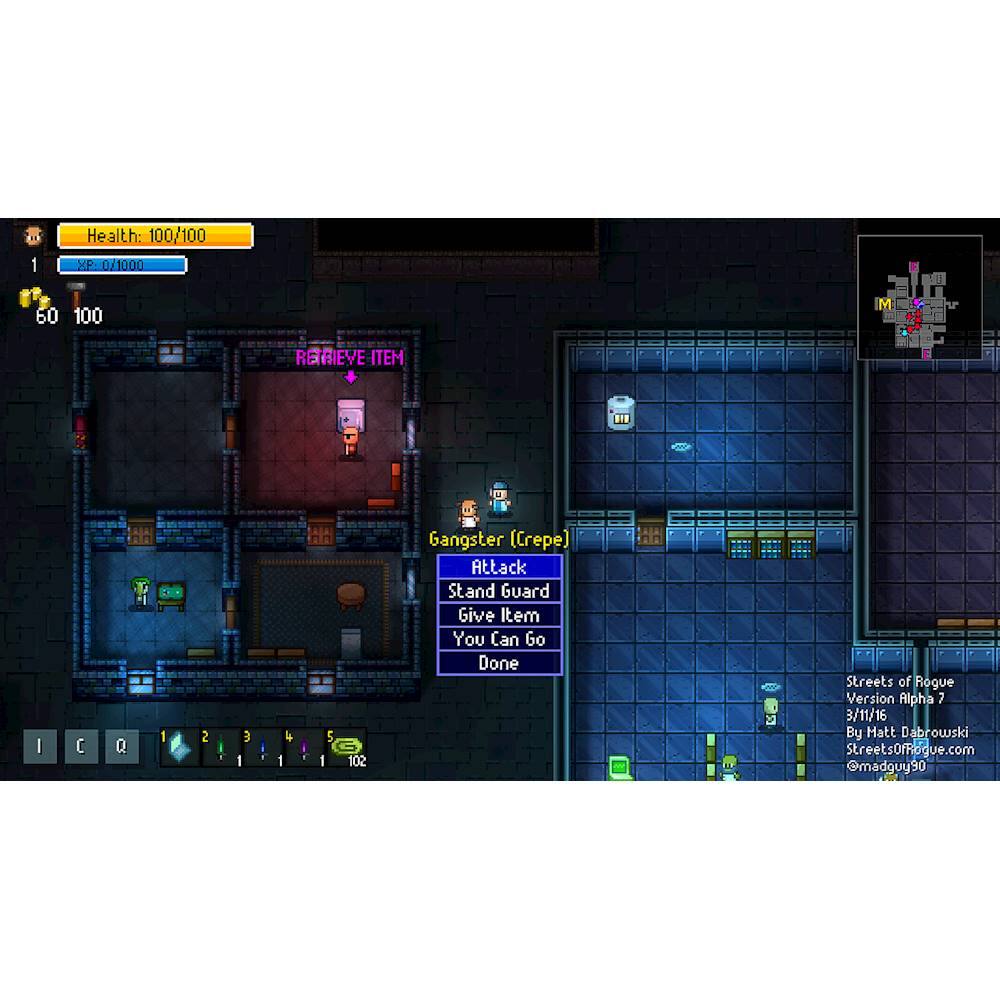 The image displays a video game, specifically Streets of Rogue, with a character standing in a room. The character is currently on a mission to retrieve an item. The game is set in a dungeon-like environment, with the character standing in a hallway. The game is in an Alpha stage, and the character is currently at level 1. The game is being played on a computer, and the character is standing in front of a door.