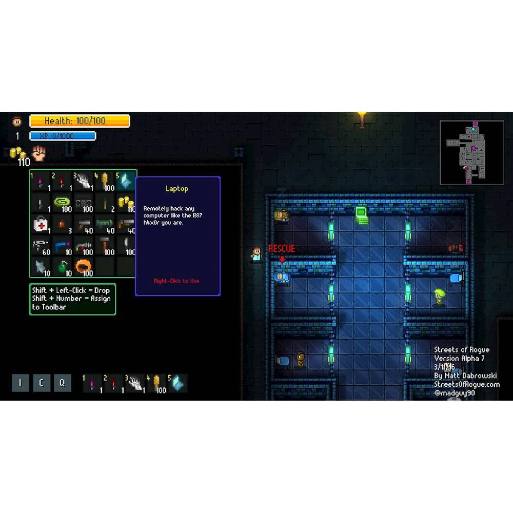 The image shows a video game screen with a character standing in a dark room. The character is holding a laptop, which is likely being used to hack a computer. The game appears to be a dungeon crawler, as the character is in a dungeon-like setting. The character has a health bar, indicating that they have a certain amount of health points. The game is likely in an Alpha stage, as indicated by the game's description.