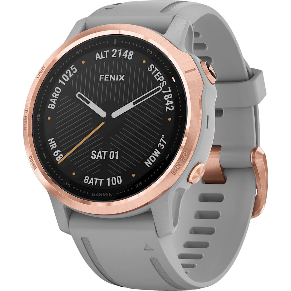 Left View: Garmin - fēnix 6S Sapphire GPS Smartwatch 30mm Fiber-Reinforced Polymer - Rose Gold-tone with Powder Gray Silicone Band