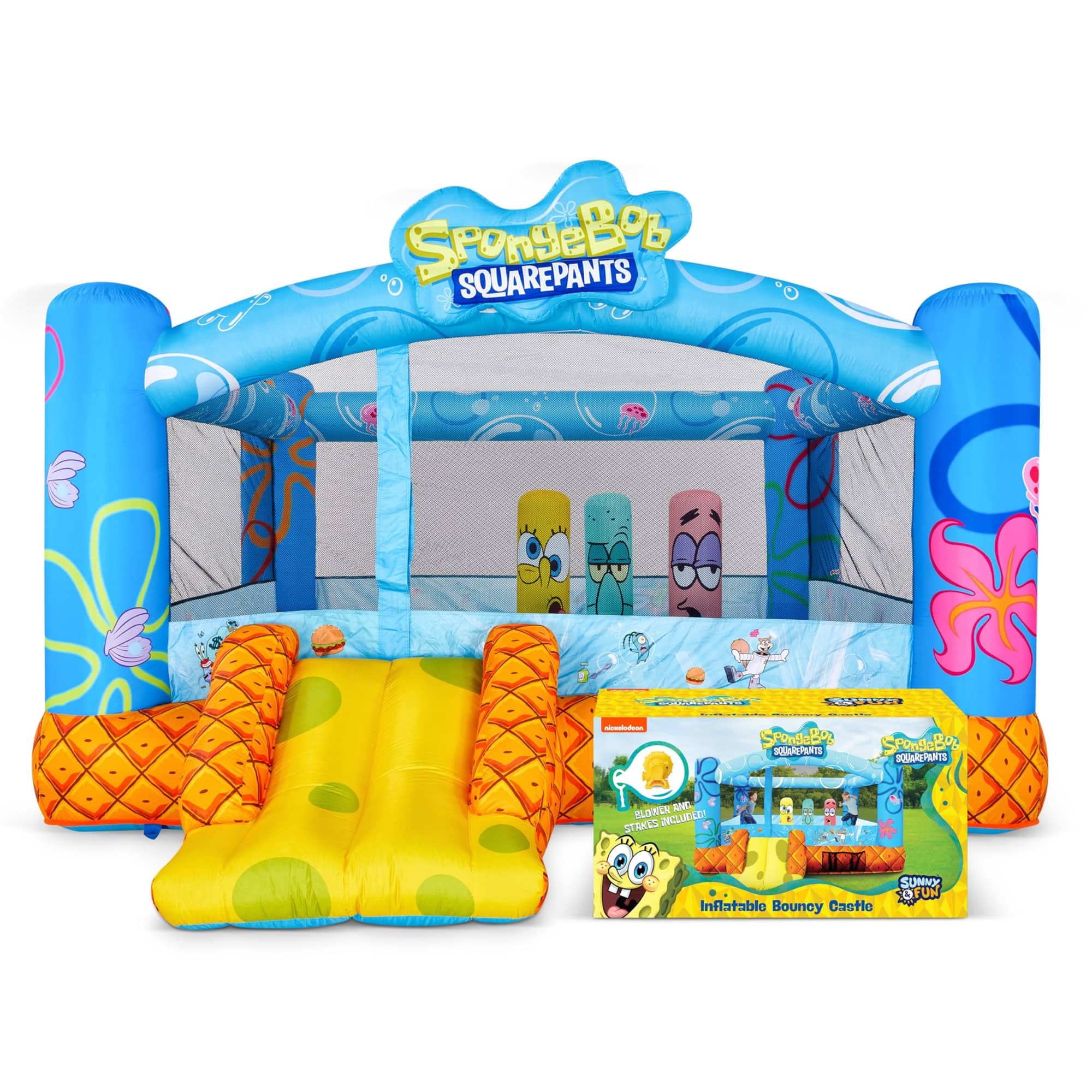 Sunny & Fun - SpongeBob Inflatable Bounce House for Kids with Air Blower, Stakes & Repair Kit