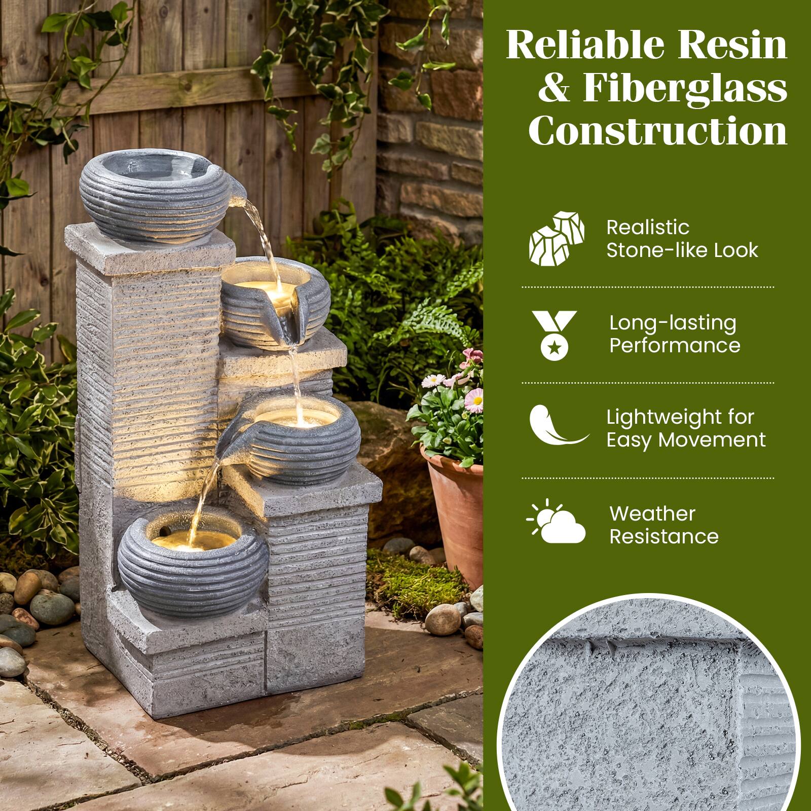 Reliable Resin & Fiberglass Construction  
Realistic Stone-like Look  
Long-lasting Performance  
Lightweight for Easy Movement  
Weather Resistance