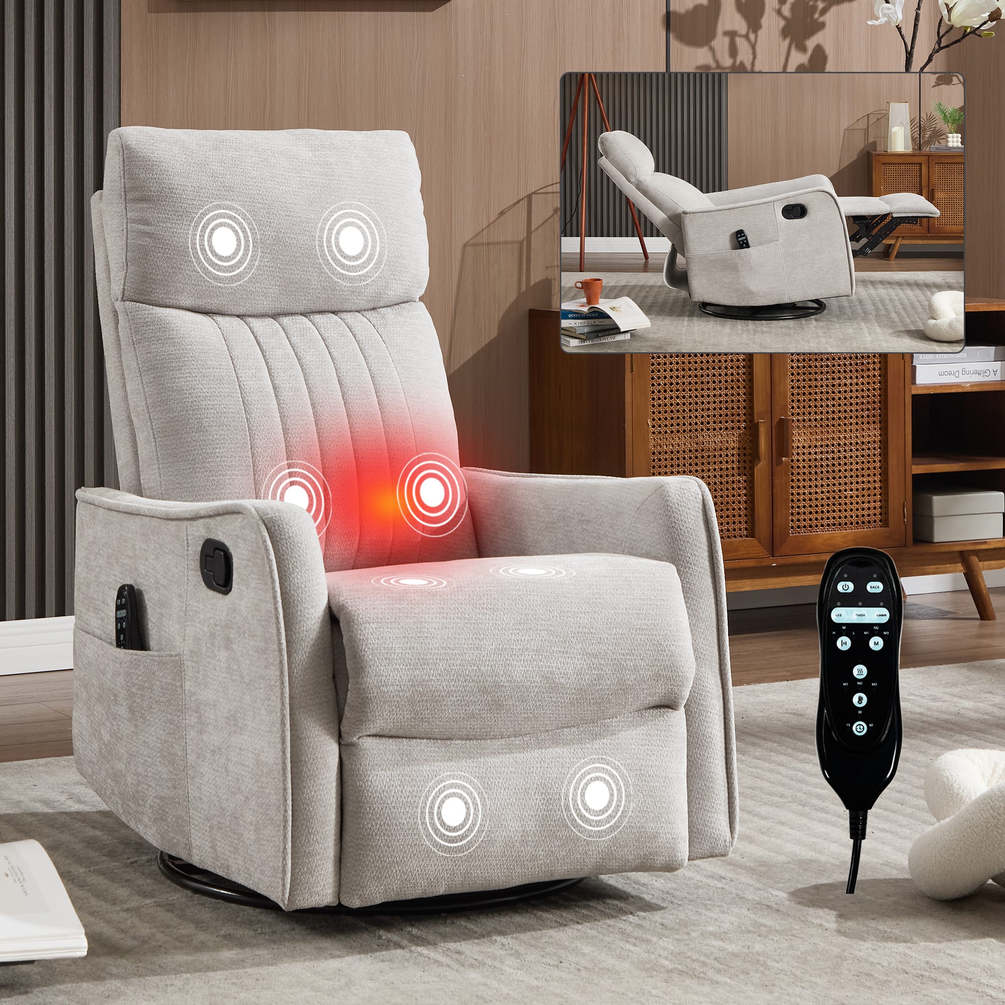 PexFix - Heat Massage Manual Recliner Chair with Rocker and Swivel in Chenille for Living Room - Light Gray
