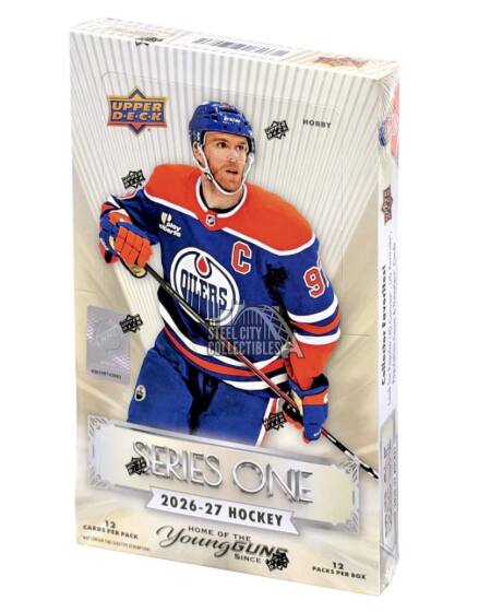 UPPER DECK  
HOBBY DOCK  
WOCK  
NHL  
alberta C QUERS 9 STEEL CITY COLLECTIBLES  
SERIES ONE 2026-27 HOCKEY CARDS 12 PER PACK HOME OF THE YoungGUNS SINCE PACKS 12 PER BOX