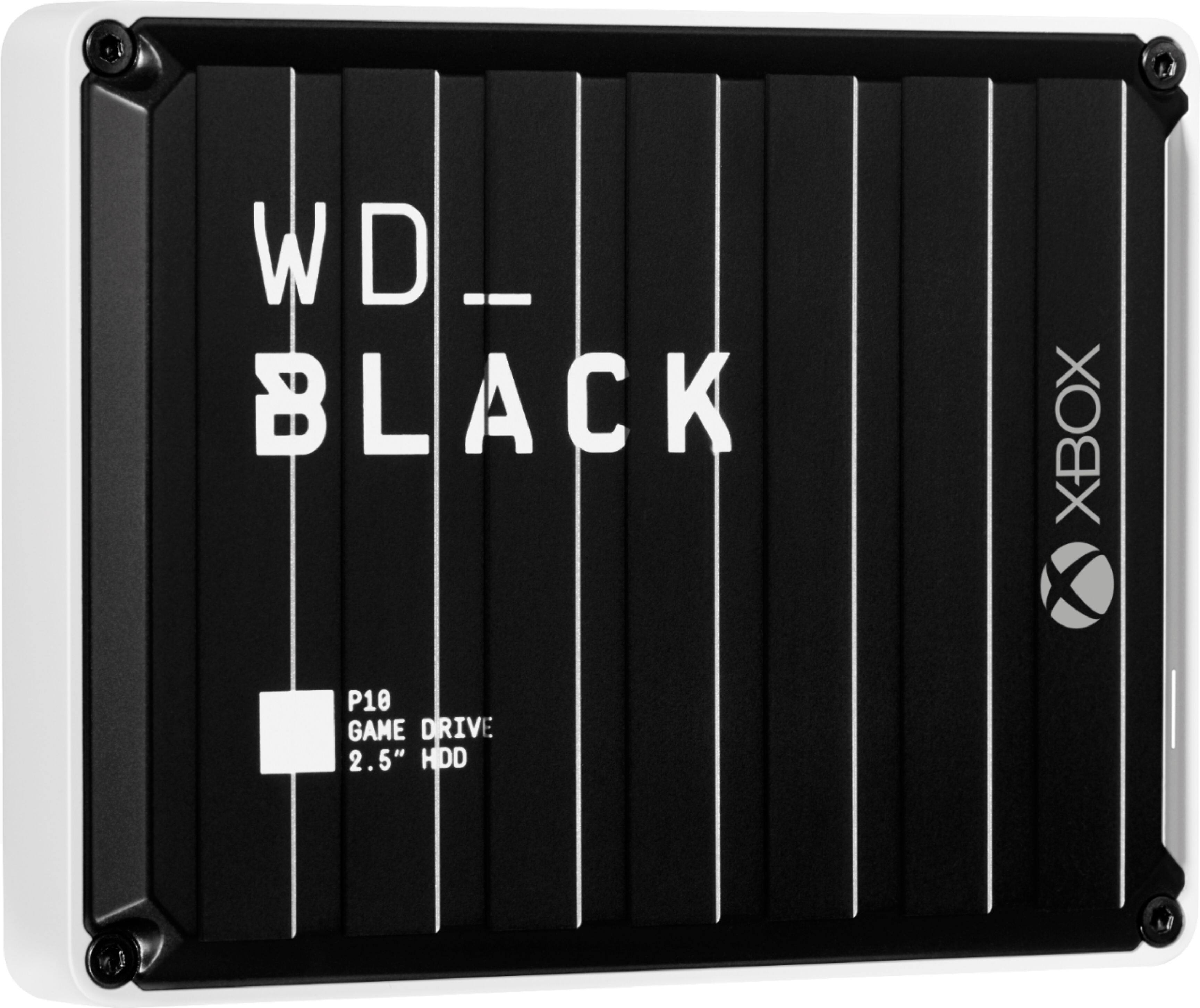 Left. WD - BLACK P10 Game Drive for Xbox 5TB External USB 3.2 Gen 1 Portable Hard Drive - Black With White Trim.