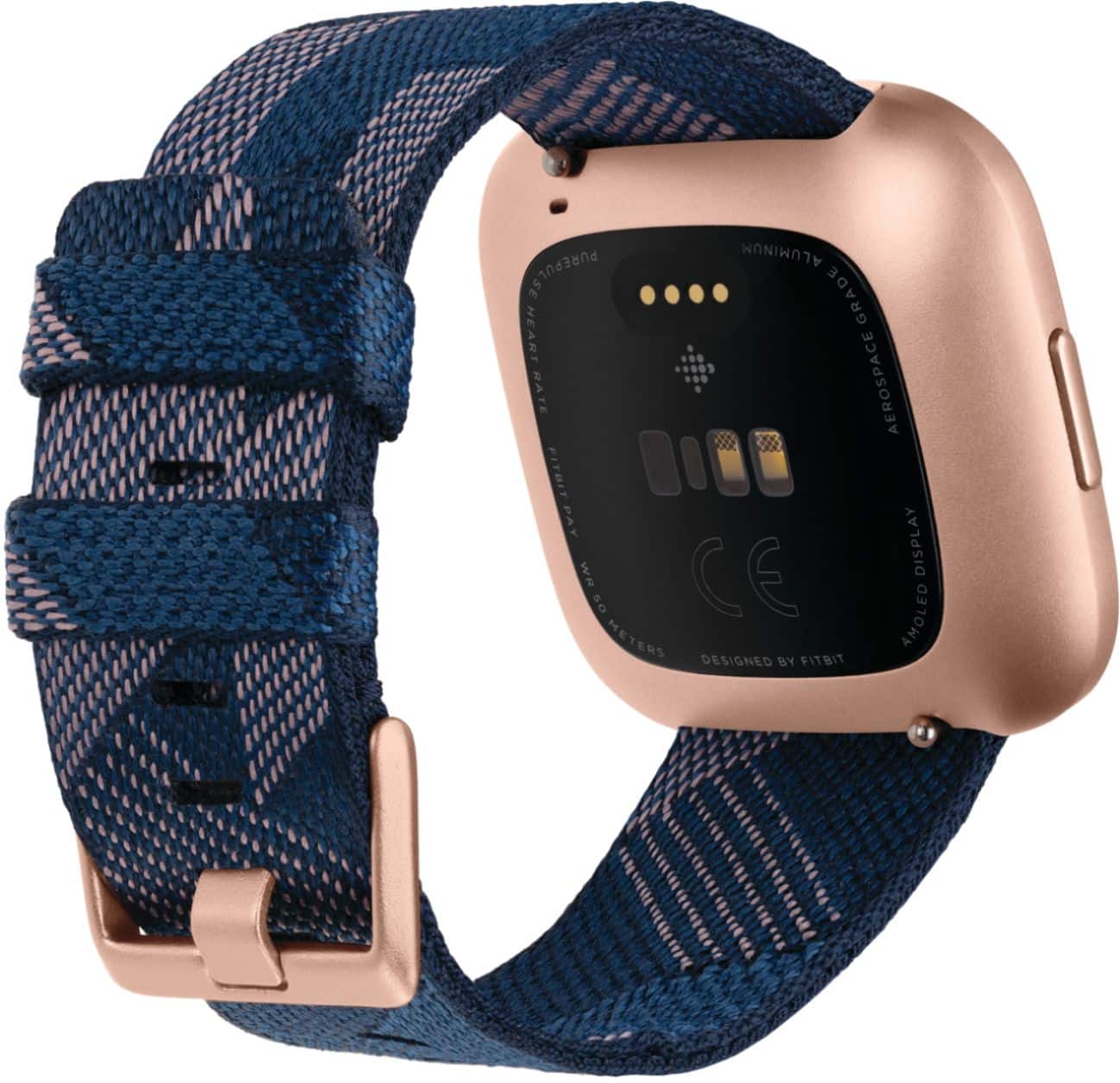 Back. Fitbit - Versa 2 Special Edition - Copper Rose with Navy Woven Jacquard Band.