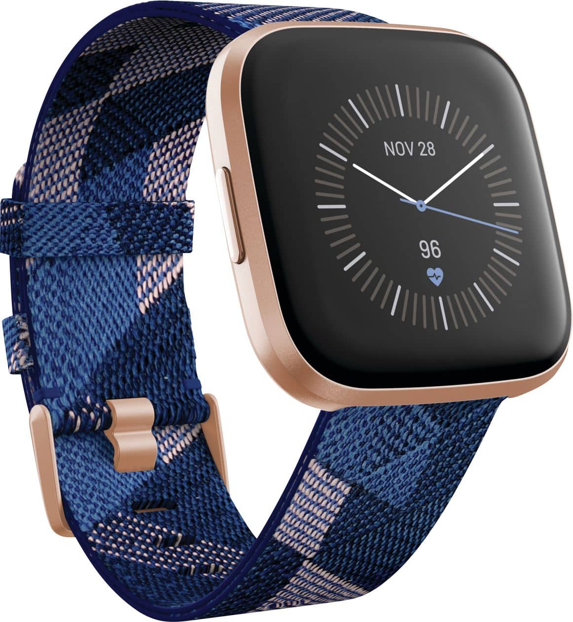 Angle. Fitbit - Versa 2 Special Edition - Copper Rose with Navy Woven Jacquard Band.