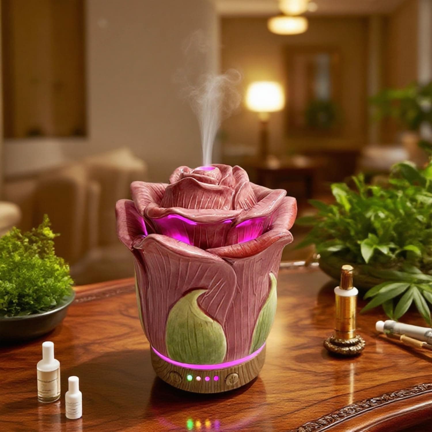 Alt View 1. FINEAK - 80ml Rosered Hand-Painted Ceramic Essential Oil Diffuser.