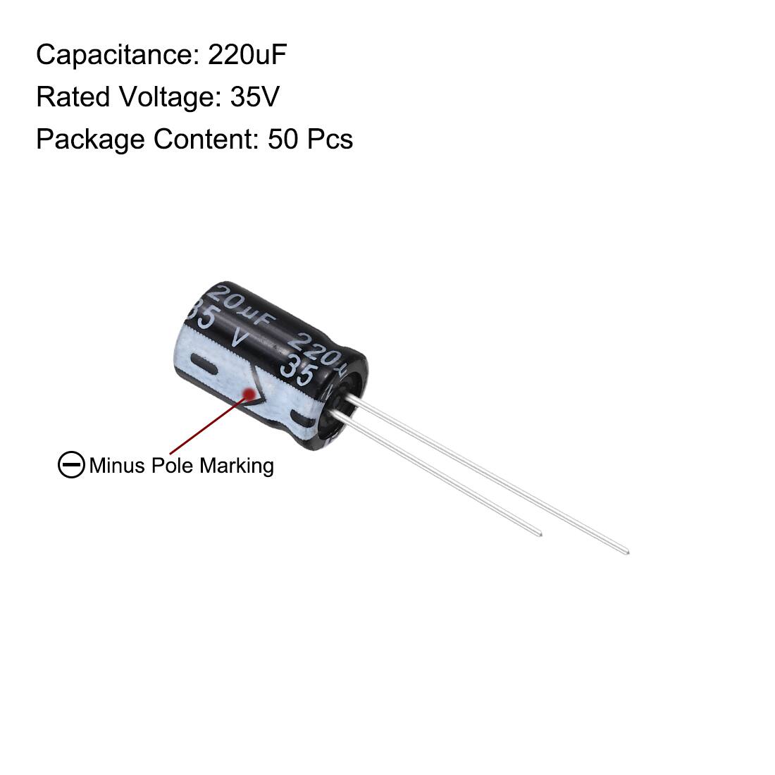 Capacitance: 220uF  
Rated Voltage: 35V  
Package Content: 50 Pcs  

Minus Pole Marking